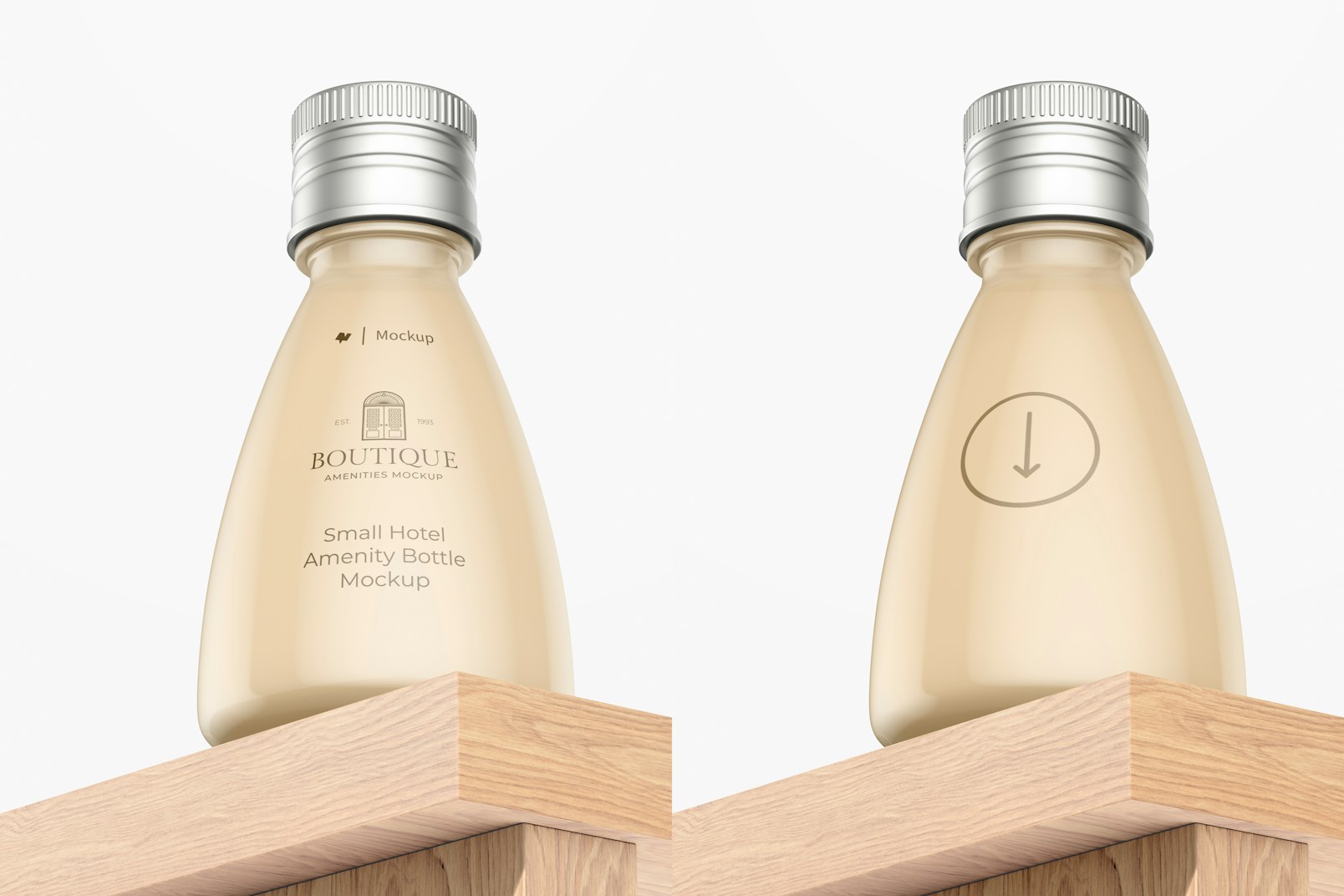 Small Hotel Amenity Bottle Mockup, Low Angle View