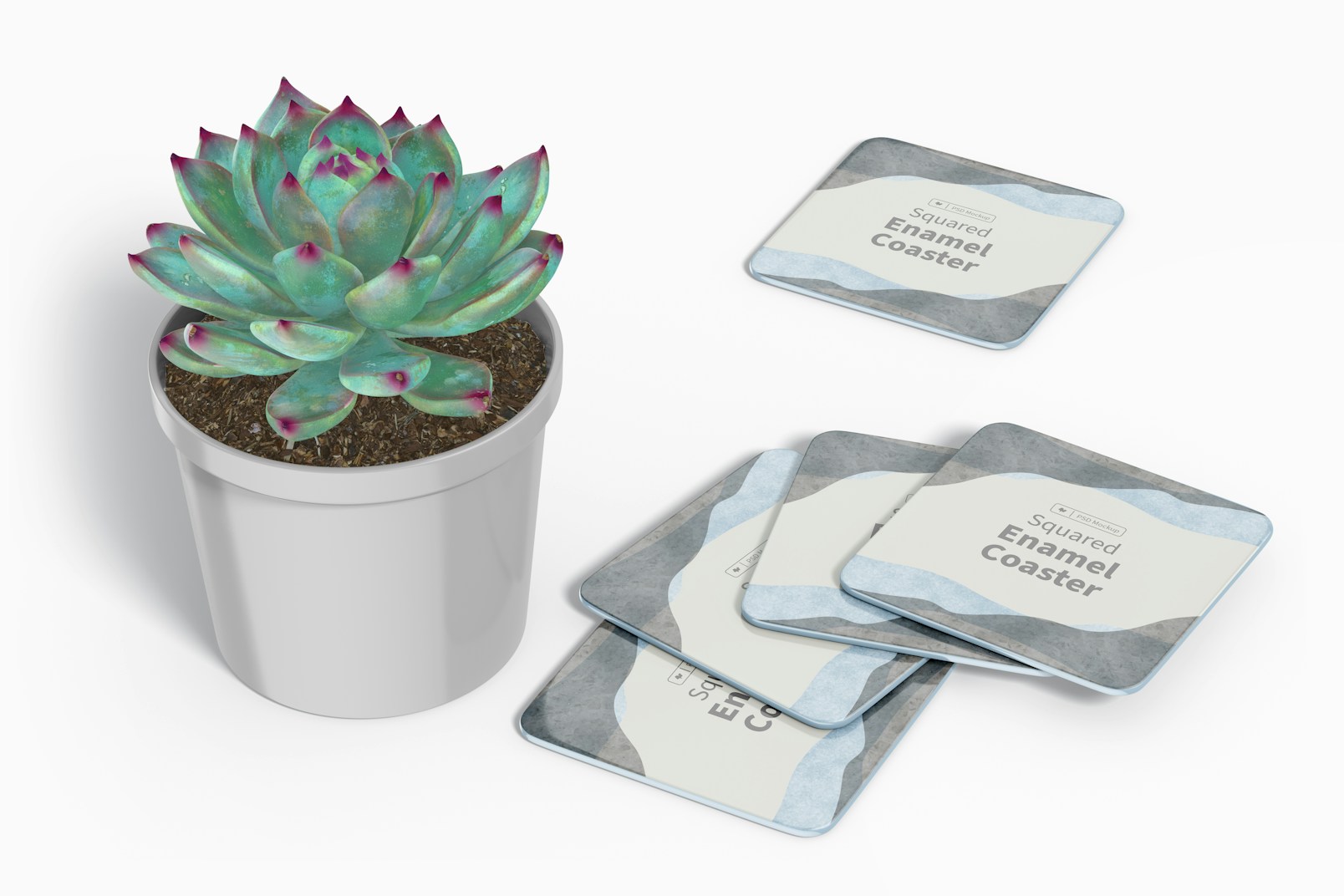 Squared Enamel Coasters with Plant Pot Mockup