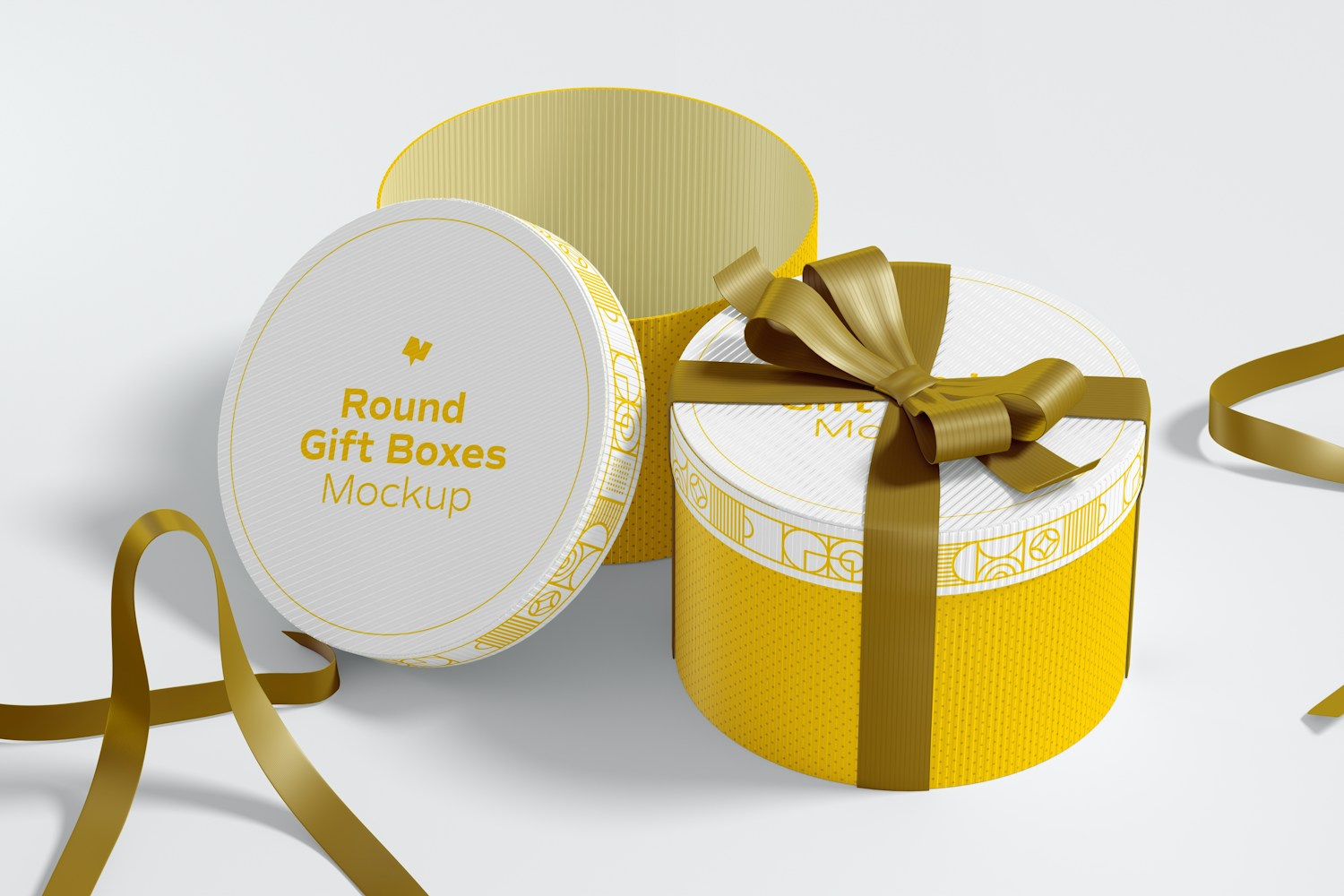 Round Gift Boxes with Ribbon Mockup, Opened and Closed