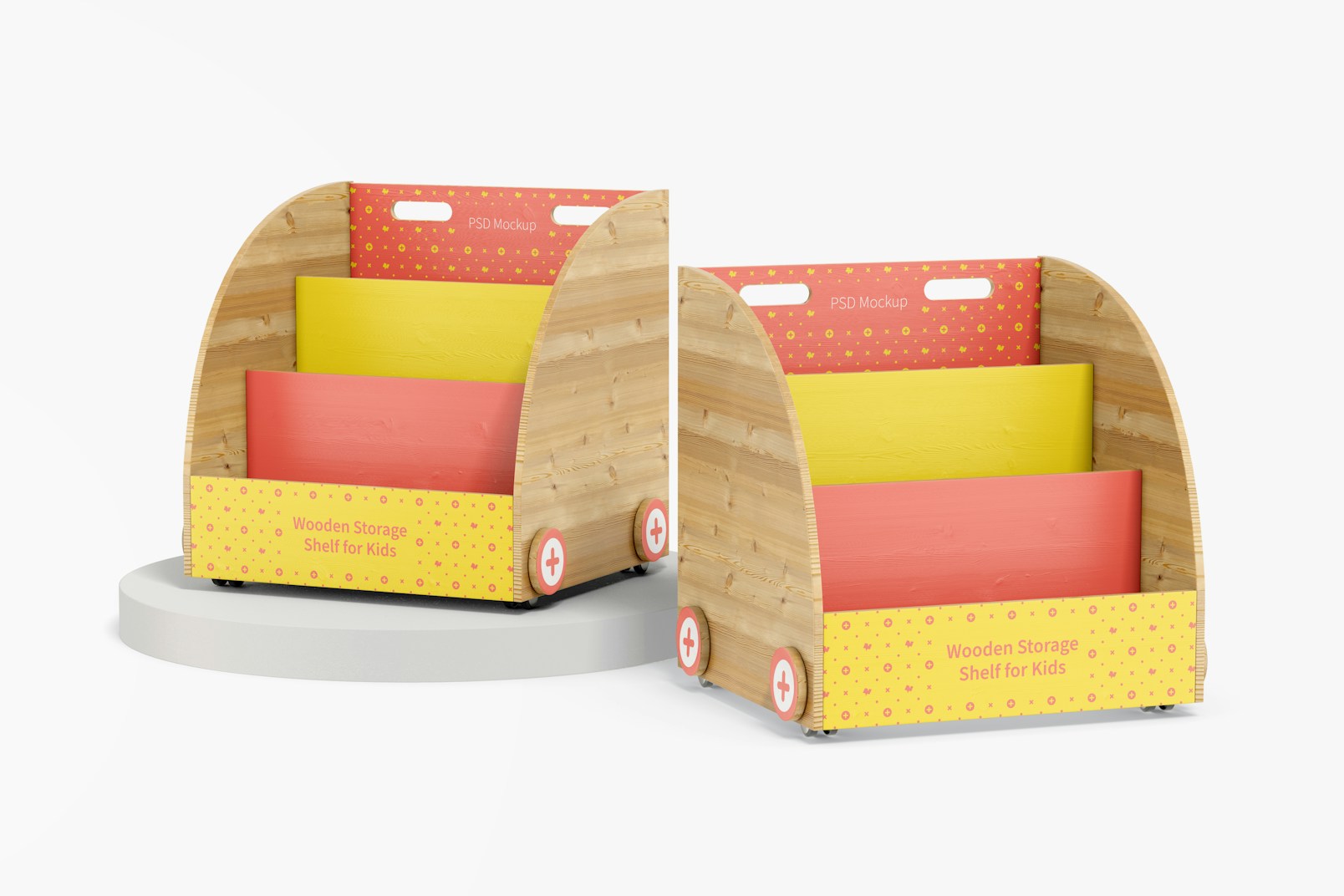 Wooden Storage Shelves for Kids Mockup, Perspective