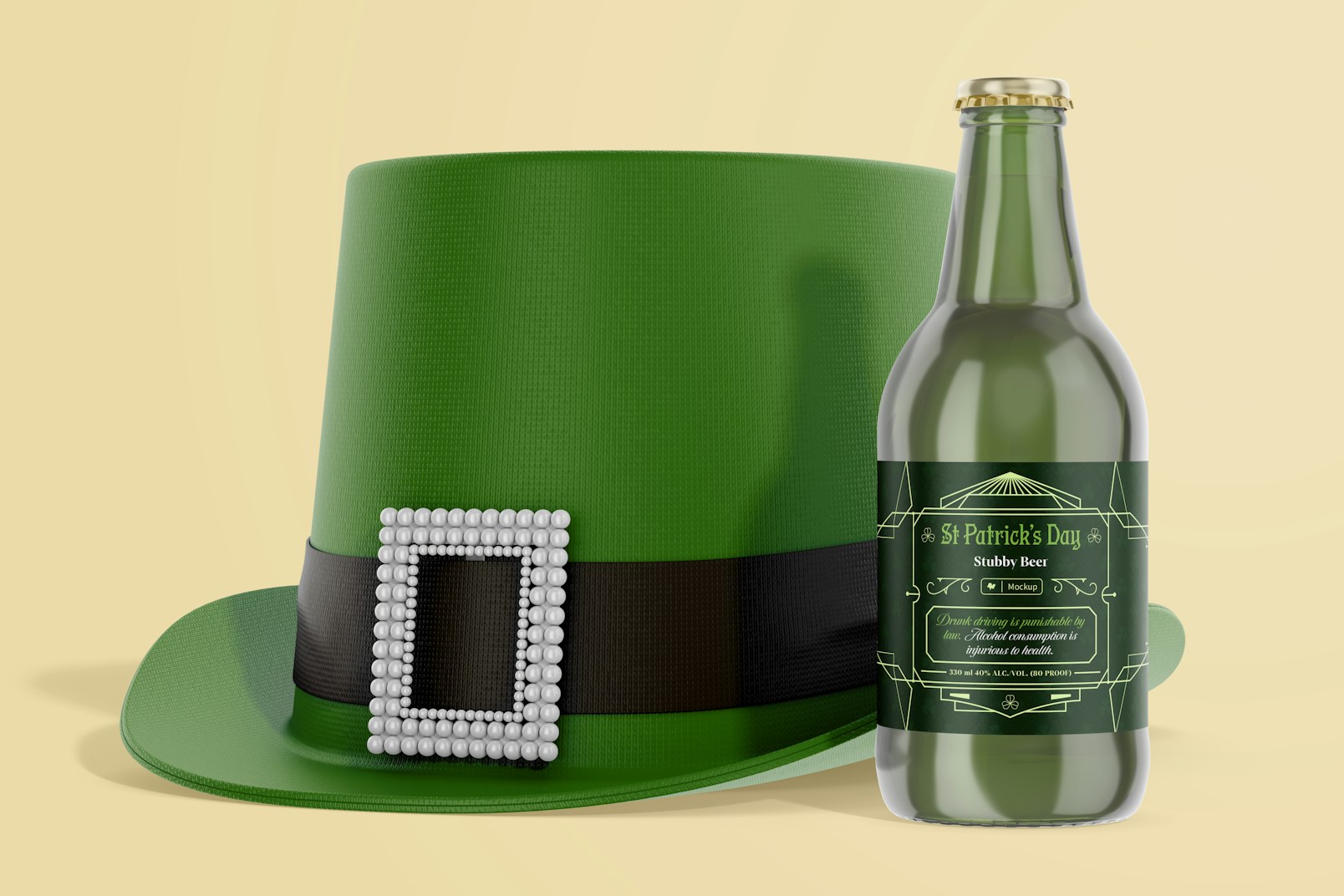 330 ml Stubby Beer Bottle Mockup, with Hat