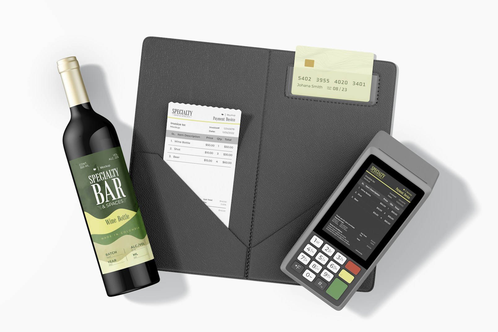 Payment Device on Bar Mockup, with Bottle