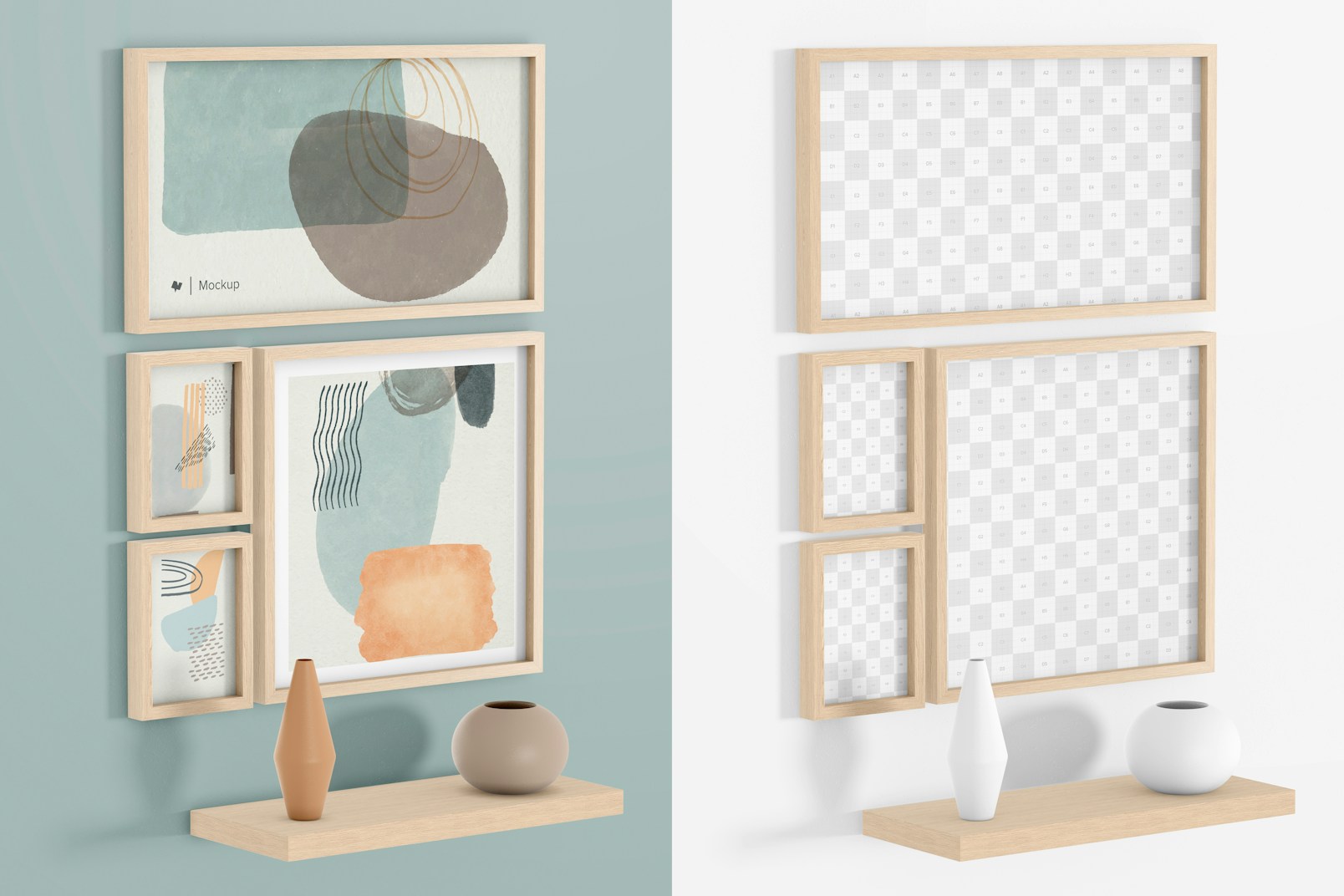 Frames with Vases on Shelf Mockup, Perspective