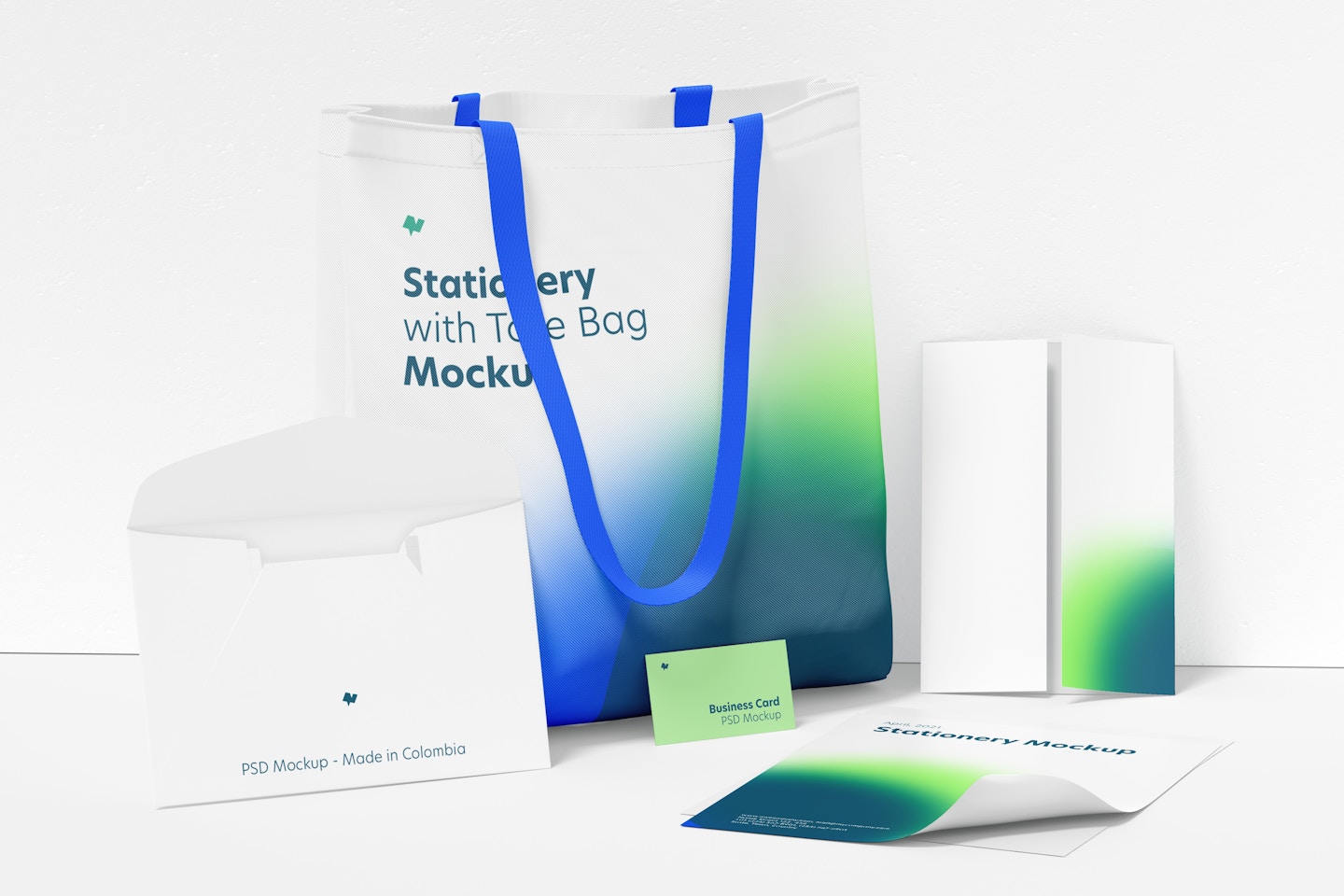 Stationery with Tote Bag Mockup, Leaned