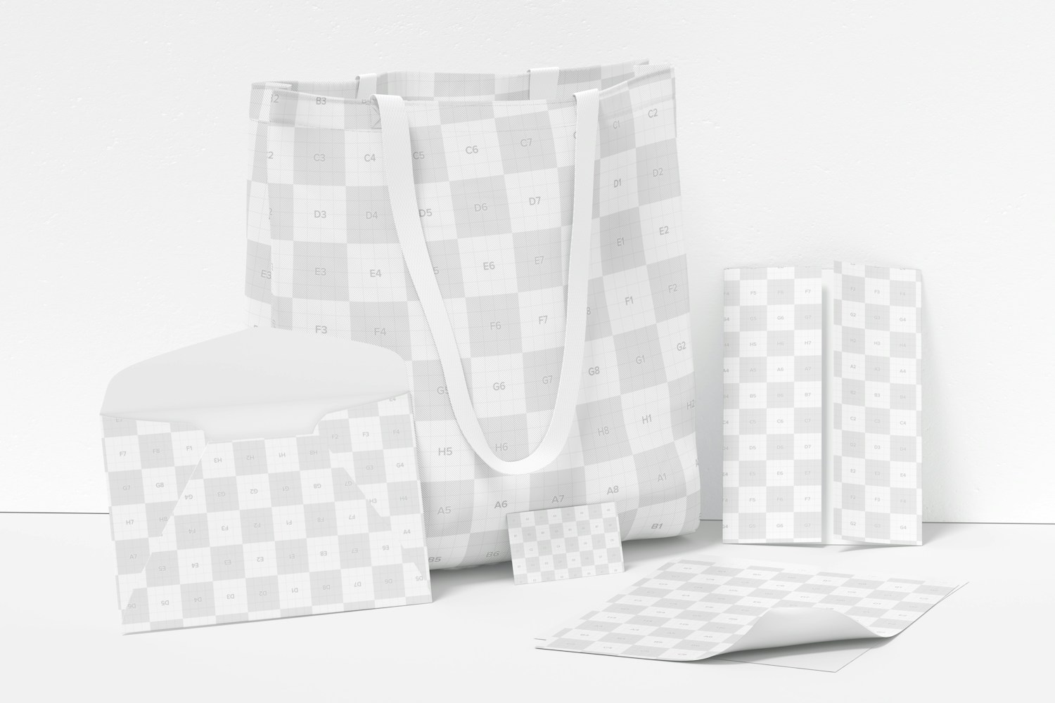 Stationery with Tote Bag Mockup, Leaned