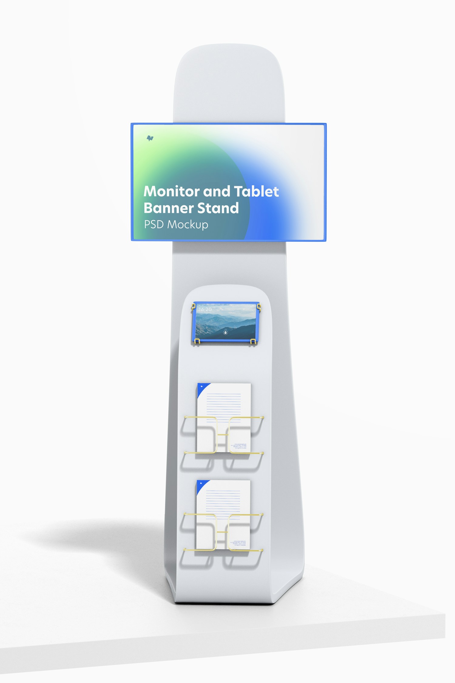 Monitor and Tablet Banner Stand Mockup, Front View