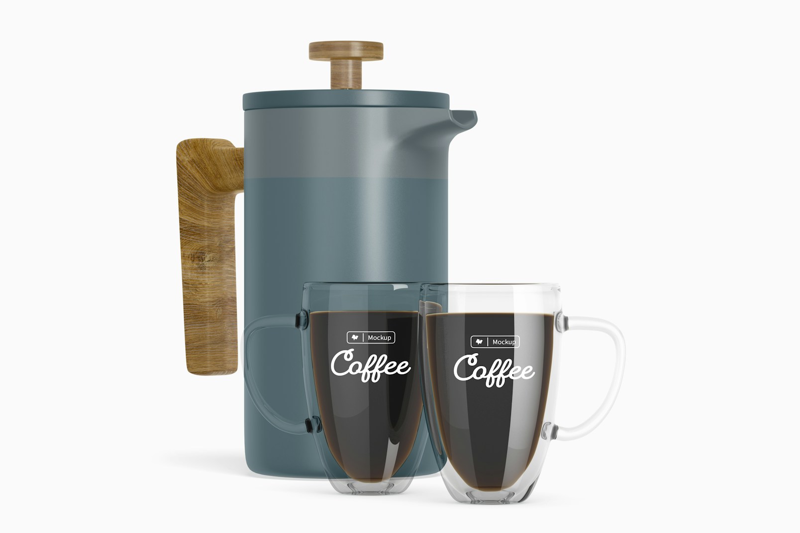 Double Walled Glass Mugs with Coffee Maker Mockup