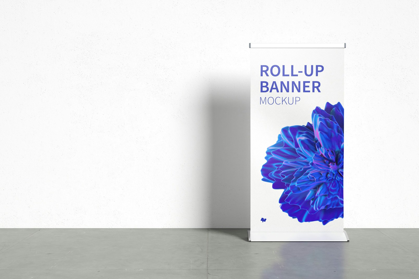 Standing Roll-Up Banner Mockup with a Background Wall, Front View