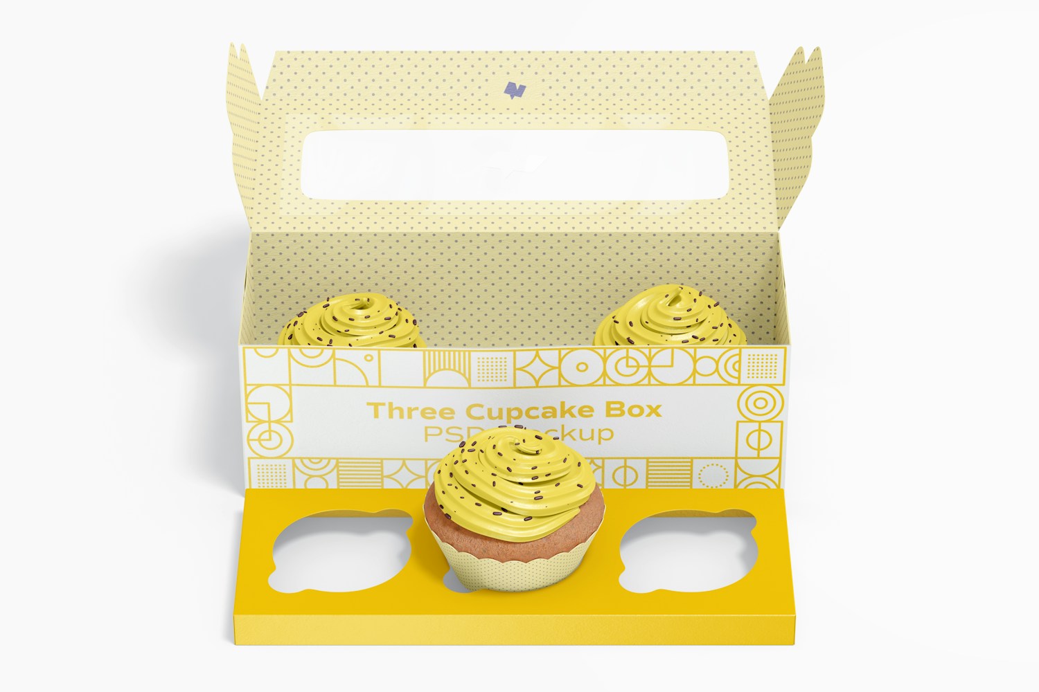 Three Cupcake Box Mockup, Front View