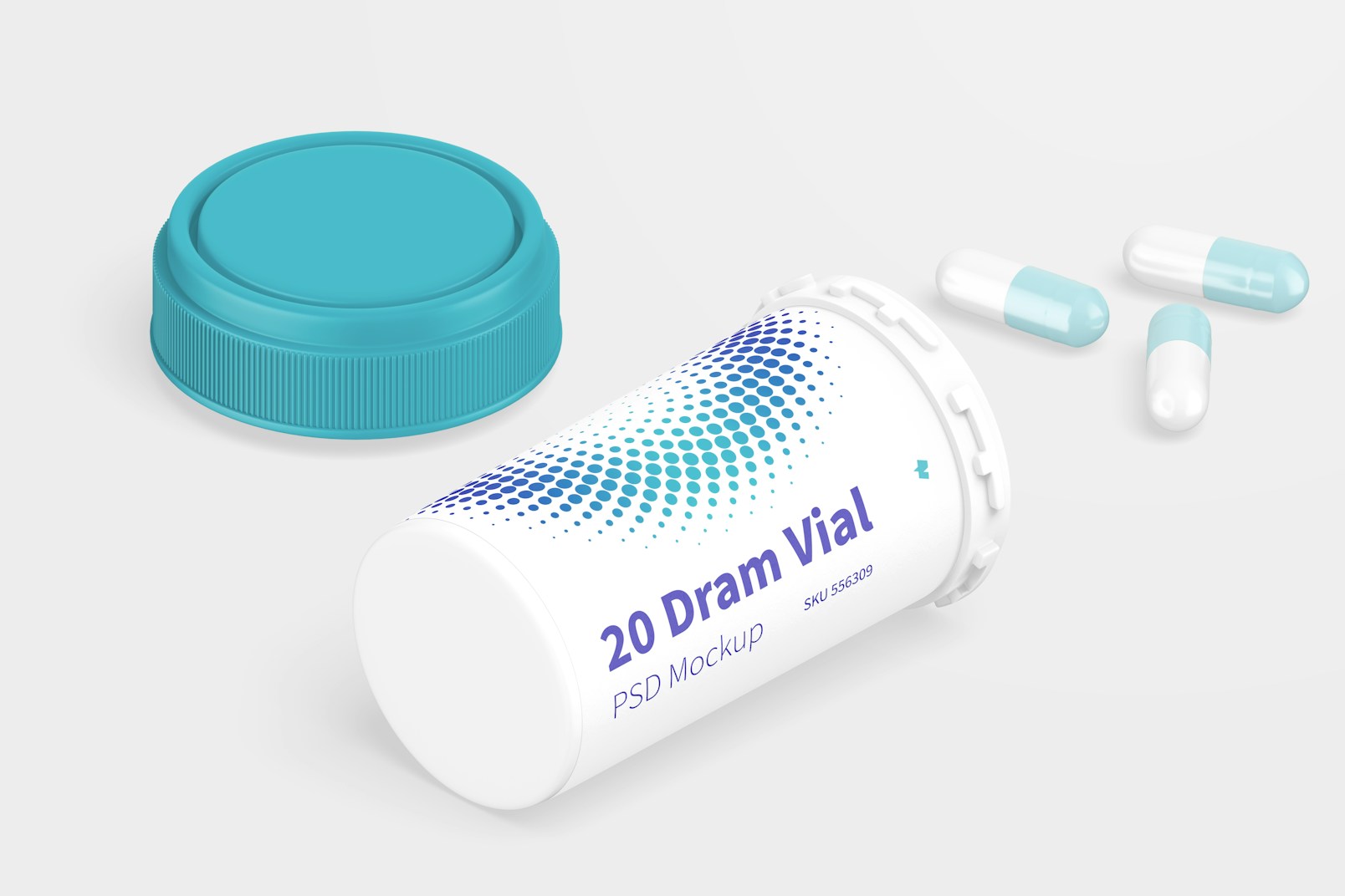 20 Dram Vial with Reversible Cap Mockup, Isometric Opened View