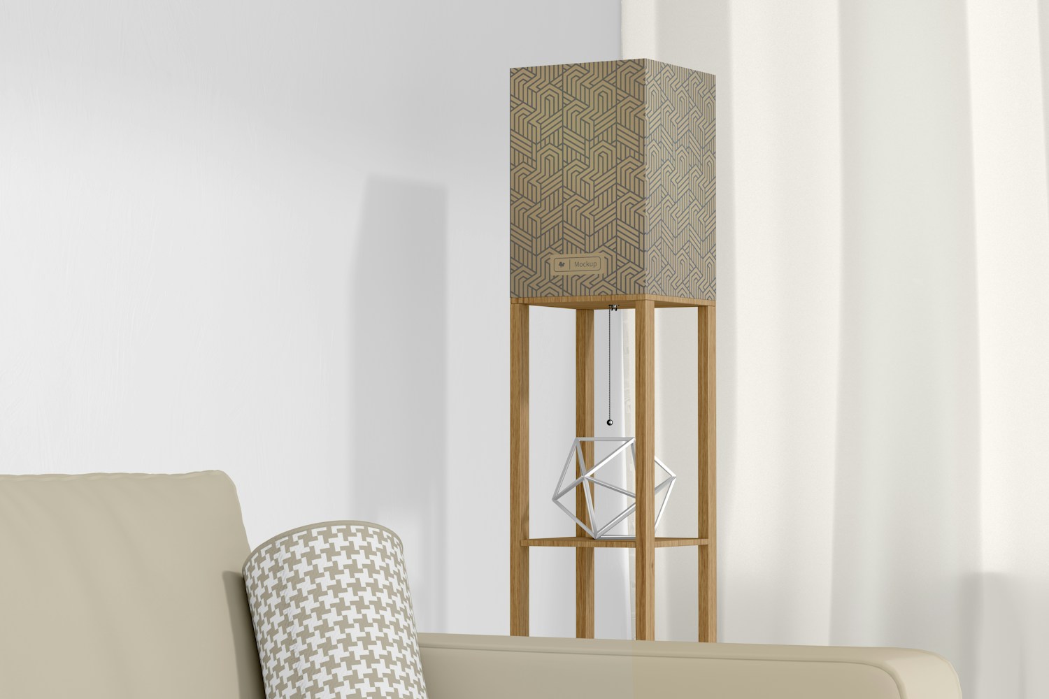 Floor Lamp with Wooden Shelves Mockup, Left View