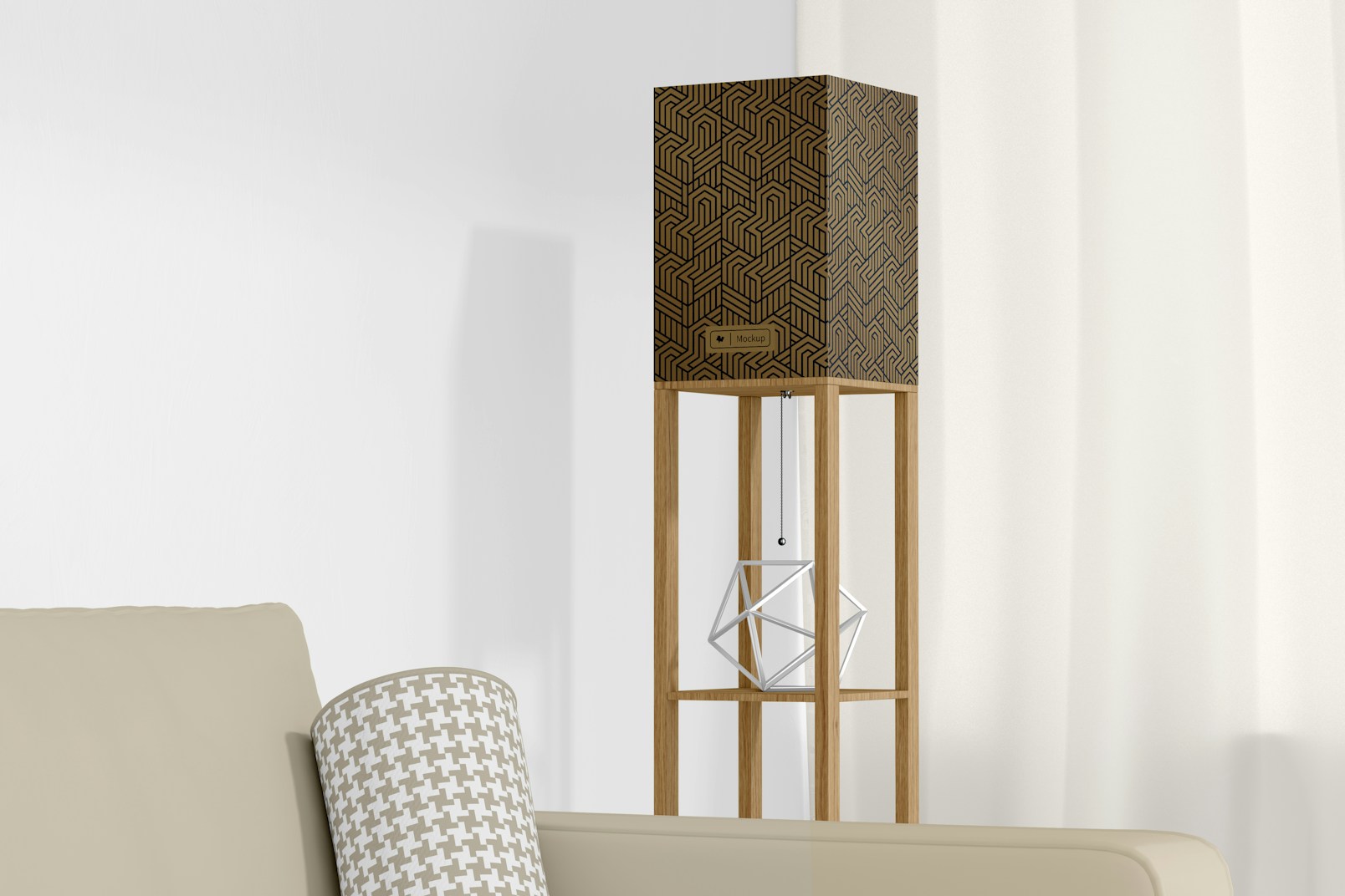Floor Lamp with Wooden Shelves Mockup, Left View