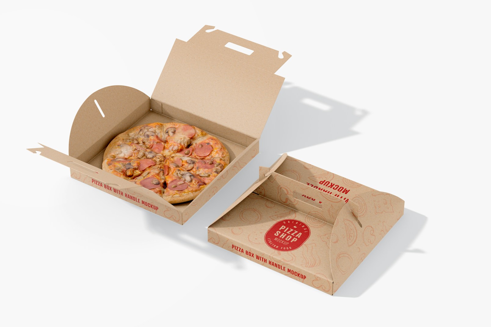 Maqueta de Cajas de Pizza con Asa, Abierta y Cerrada