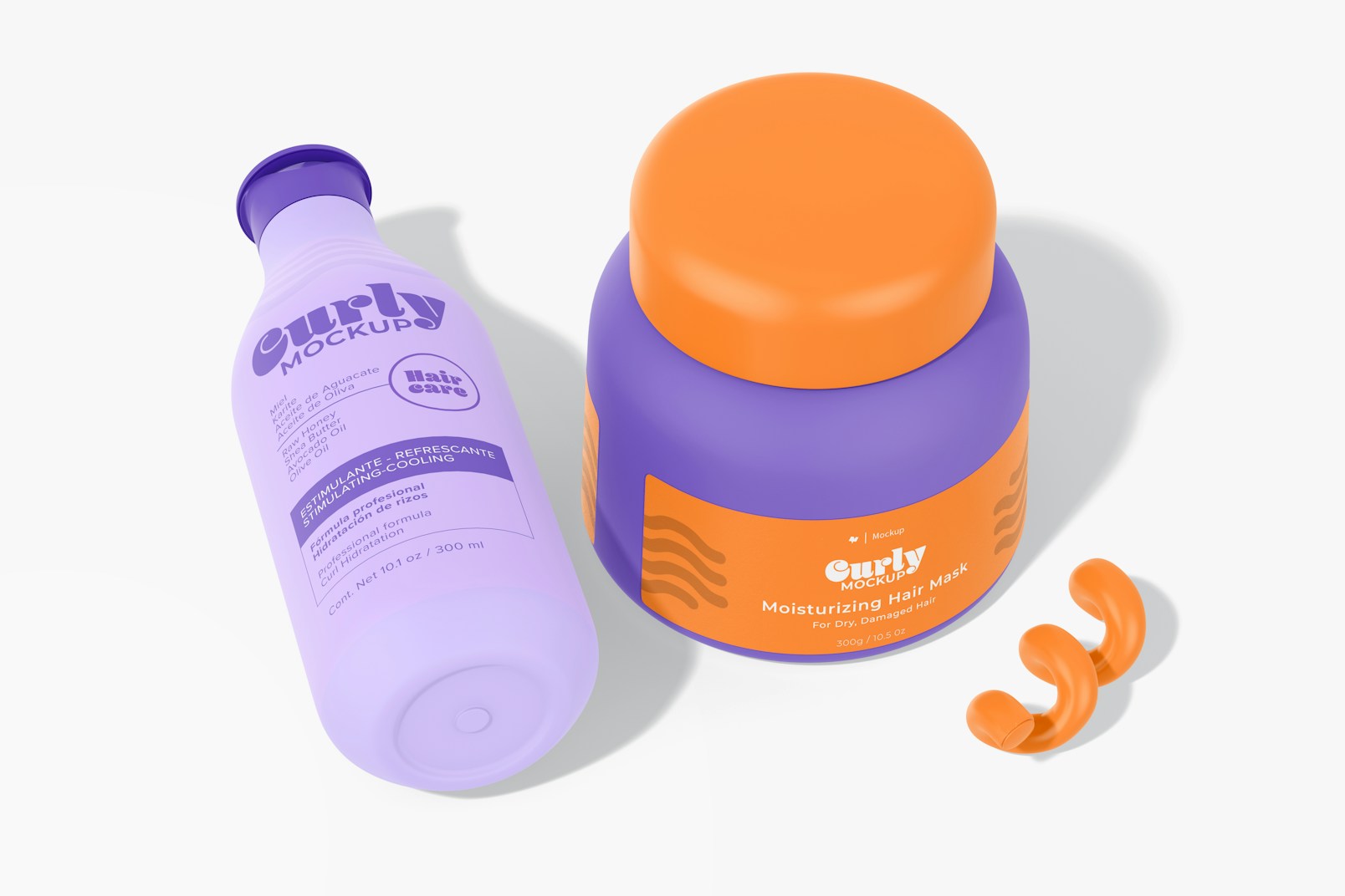Curly Hair Product Bottles Mockup, Standing and Dropped