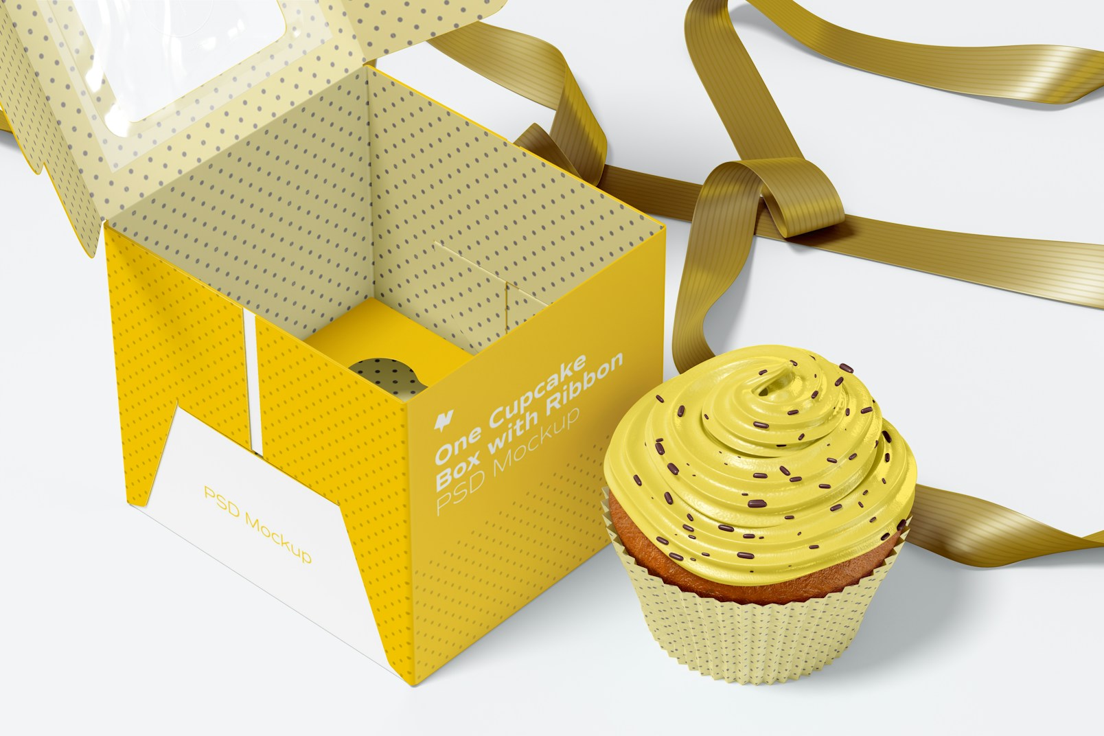 One Cupcake Box with Ribbon Mockup, Close Up