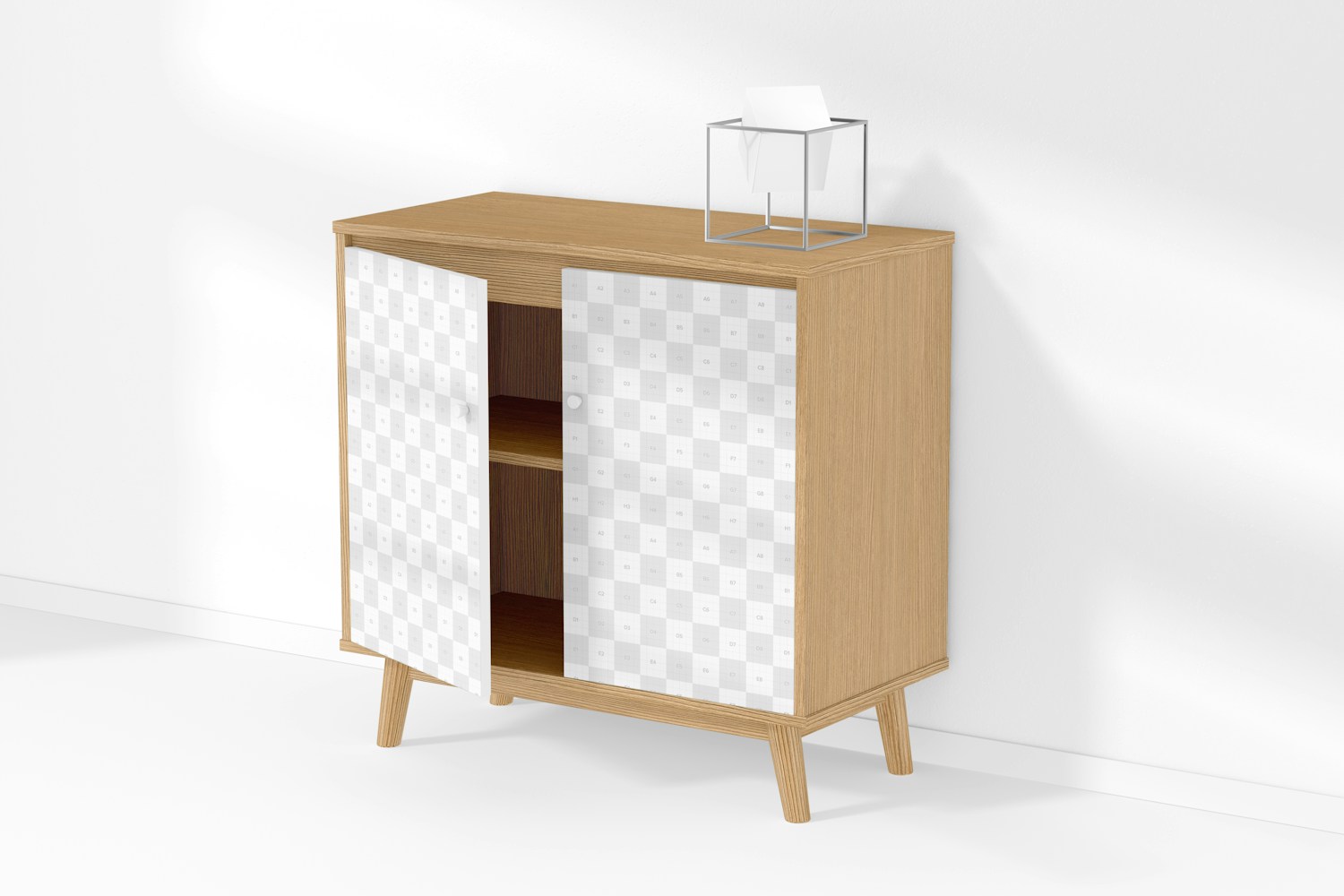 Two Door Cabinet Mockup, with Decorative Cube