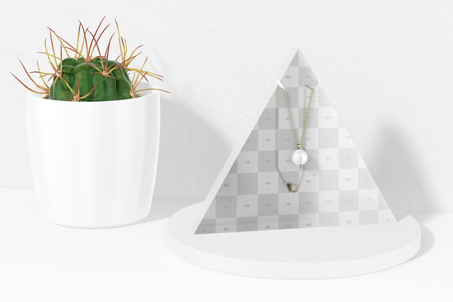 Triangle Necklace Display Stand Mockup, with Plant Pot