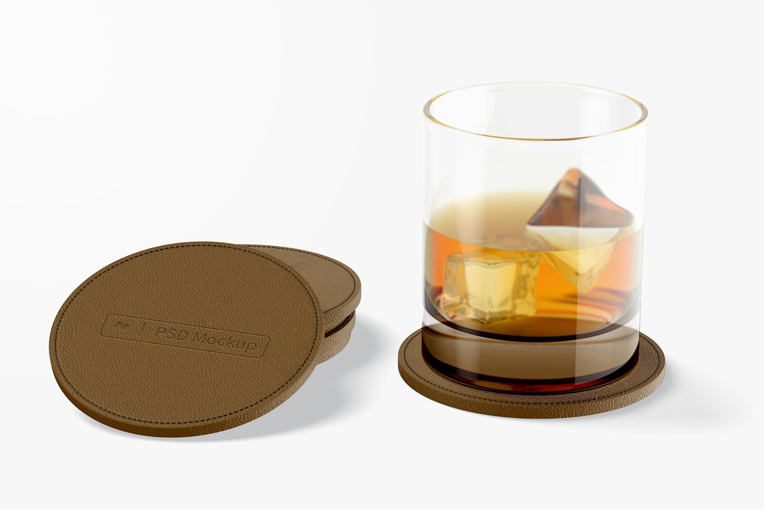 Round Leather Coaster with Cup Mockup
