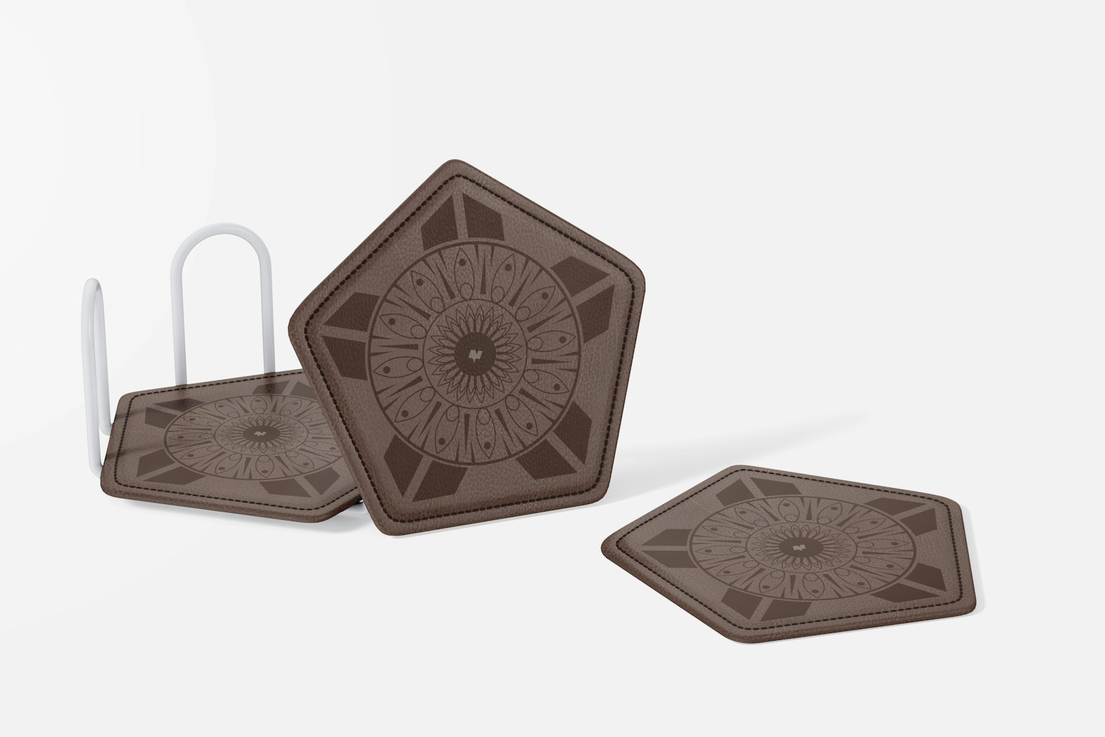 Pentagonal Leather Coasters Mockup, Perspective
