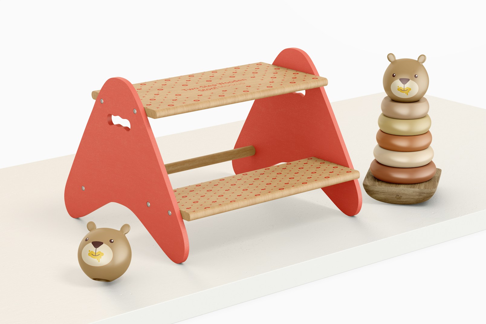 Two-Step Wooden Stool with Toys Mockup