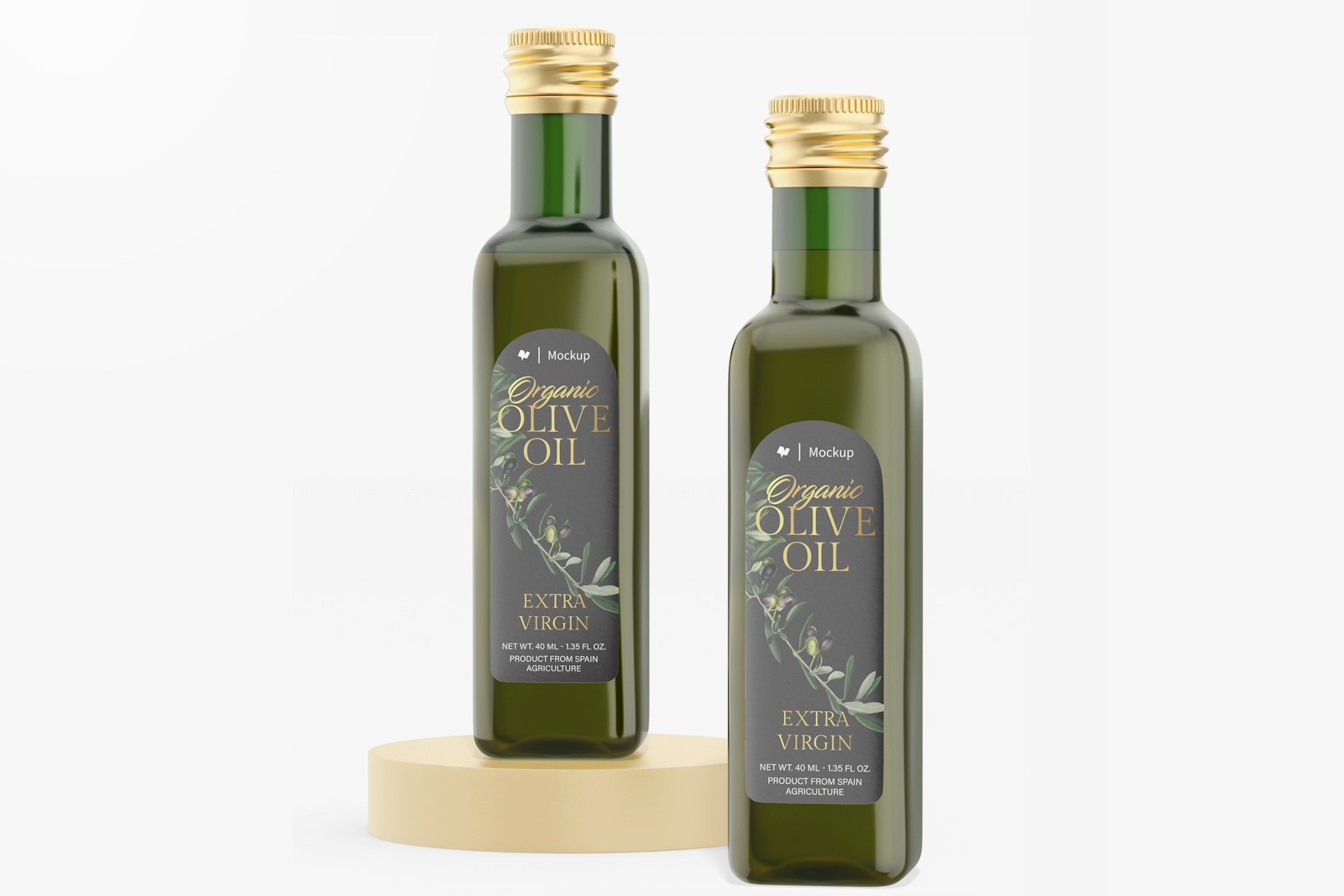 40 ml Olive Oil Bottles Mockup, Standing and Dropped