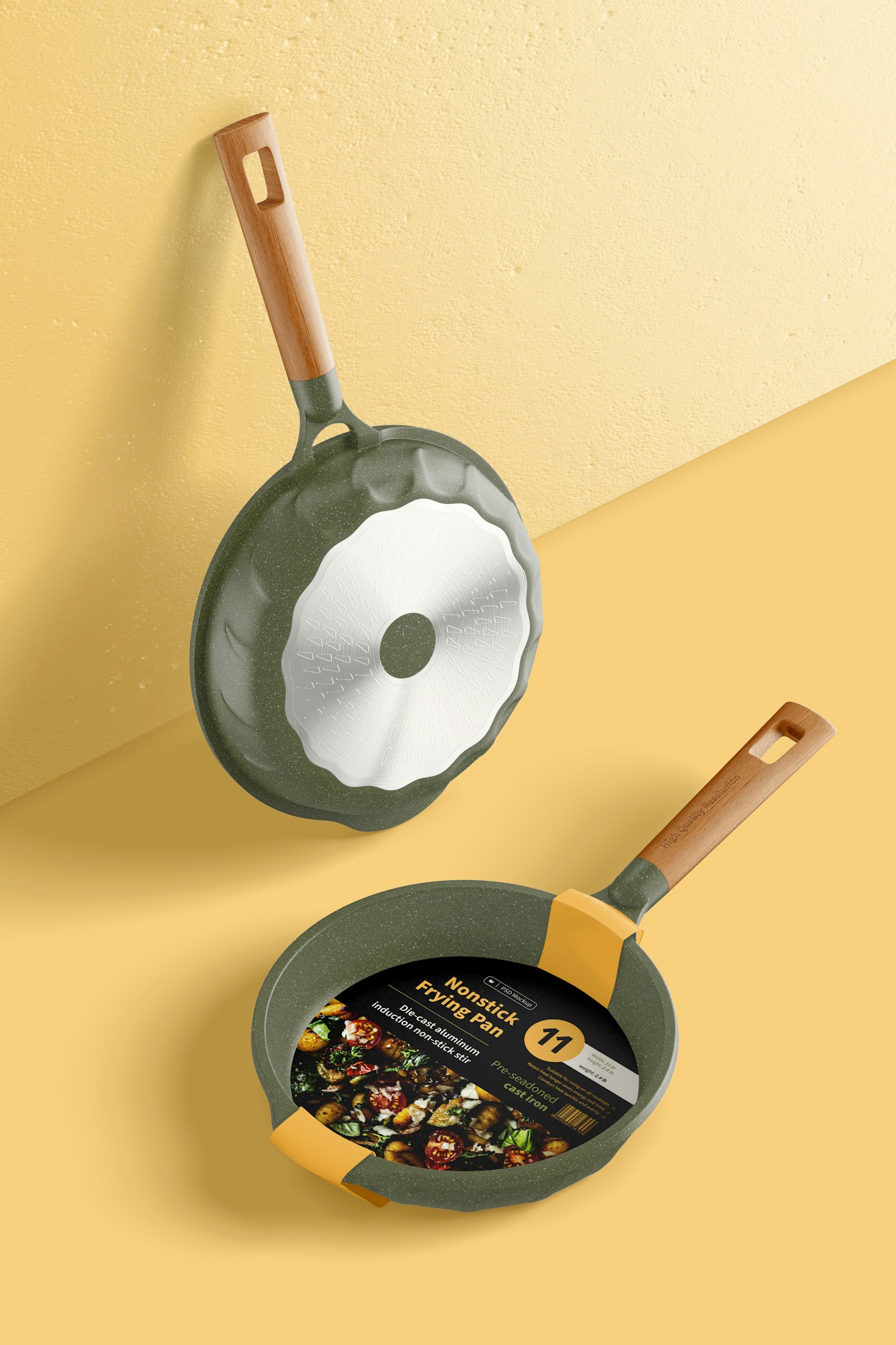 Nonstick Frying Pans Mockup, Leaned Nonstick Frying Pans Mockup, Leaned
