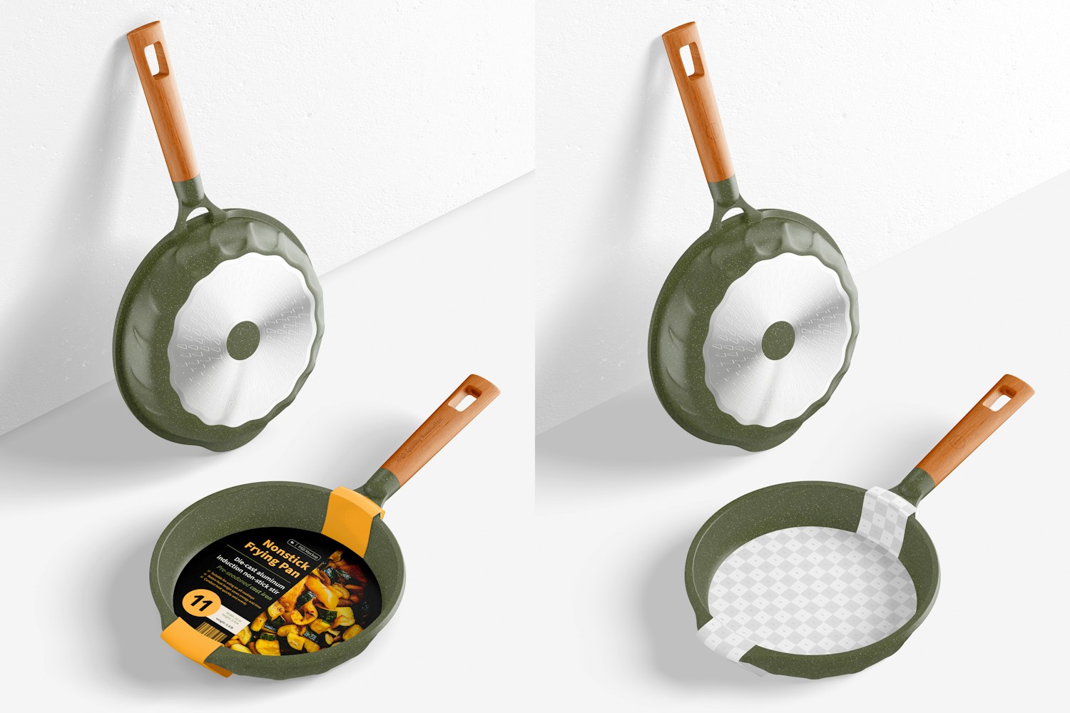 Nonstick Frying Pans Mockup, Leaned Nonstick Frying Pans Mockup, Leaned