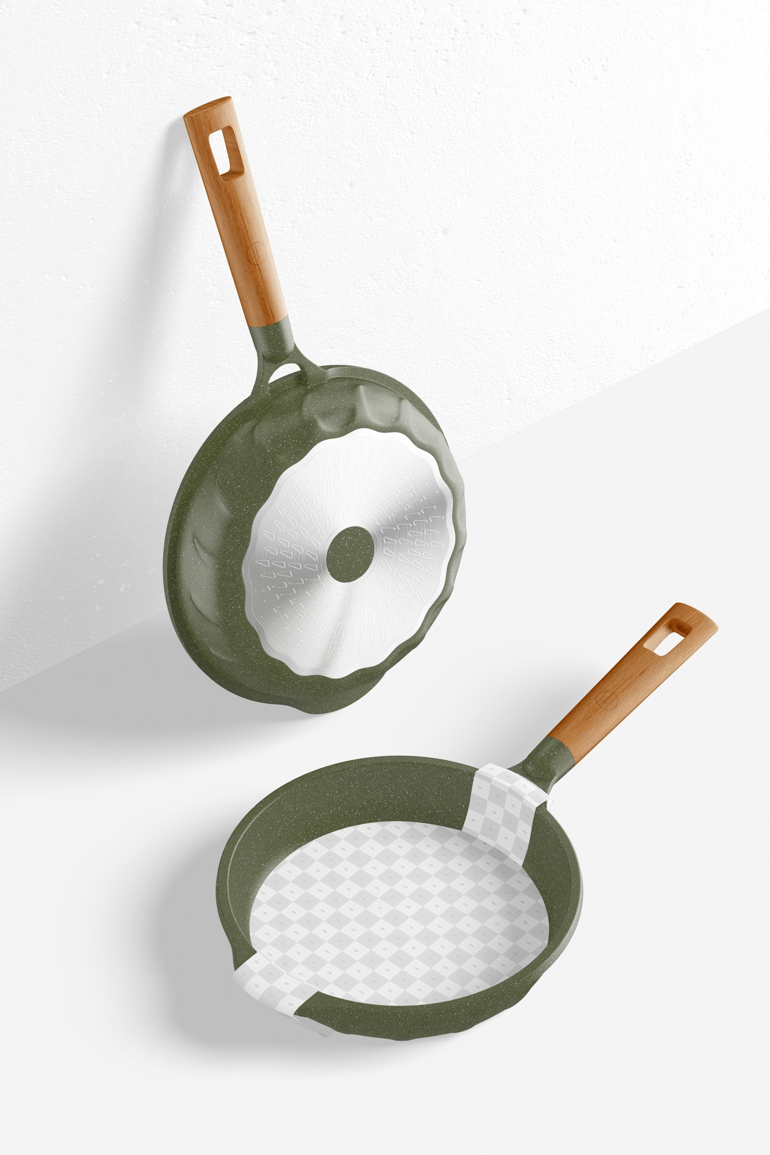 Nonstick Frying Pans Mockup, Leaned Nonstick Frying Pans Mockup, Leaned