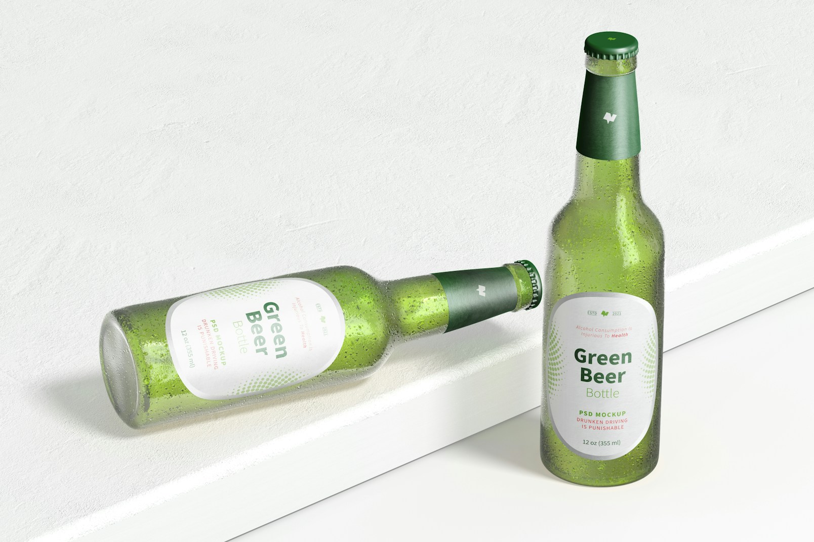Green Beer Bottles Mockup, Perspective