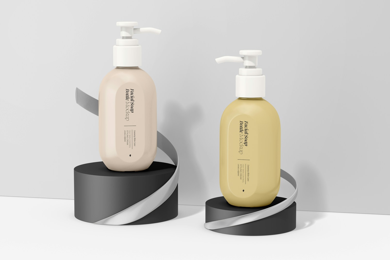 Facial Soap Bottle with Pump Container Mockup, on Podium
