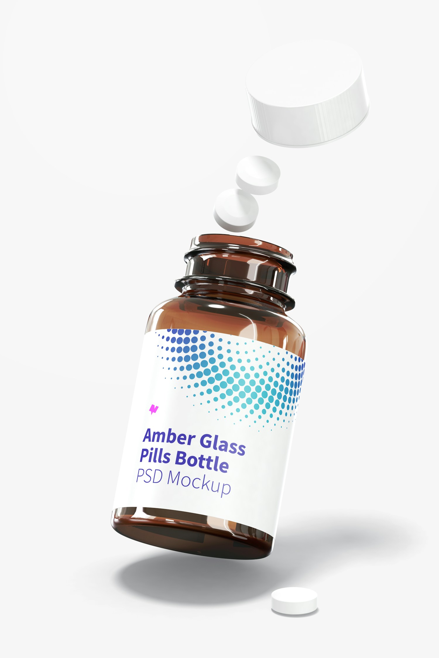 Amber Glass Pills Bottle Mockup, Falling