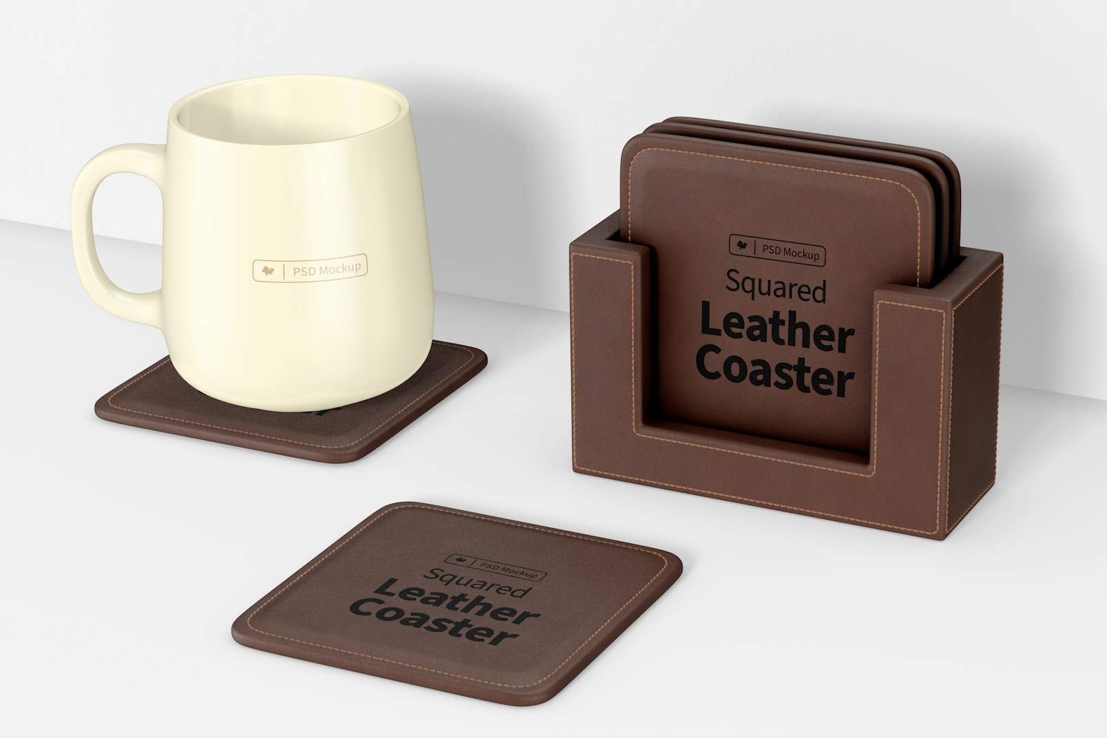 Squared Leather Coasters Mockup, Front View