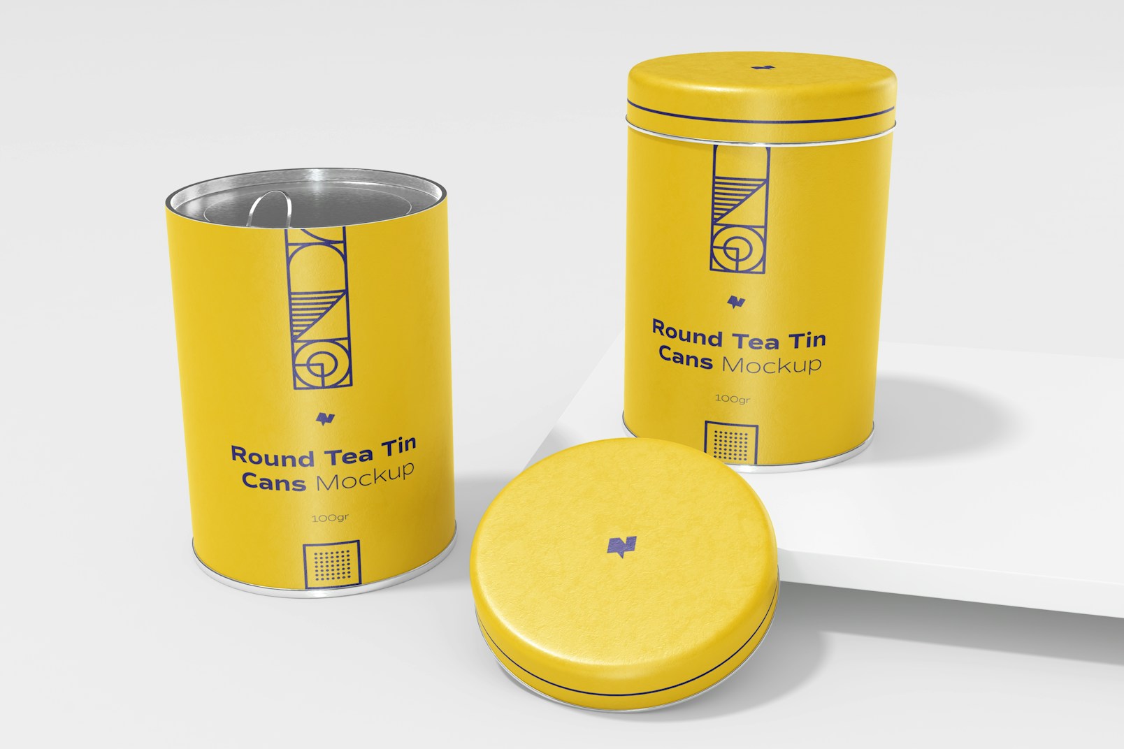 Round Tea Tin Cans Mockup with Rectangular Stone