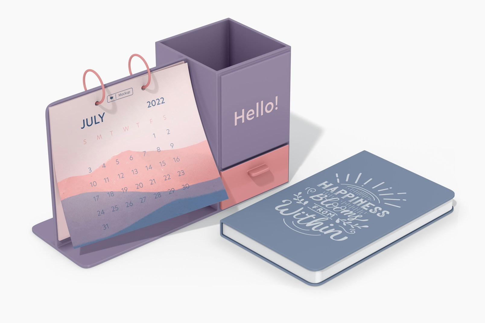 Calendar with Desk Organizer Mockup, with Notebook