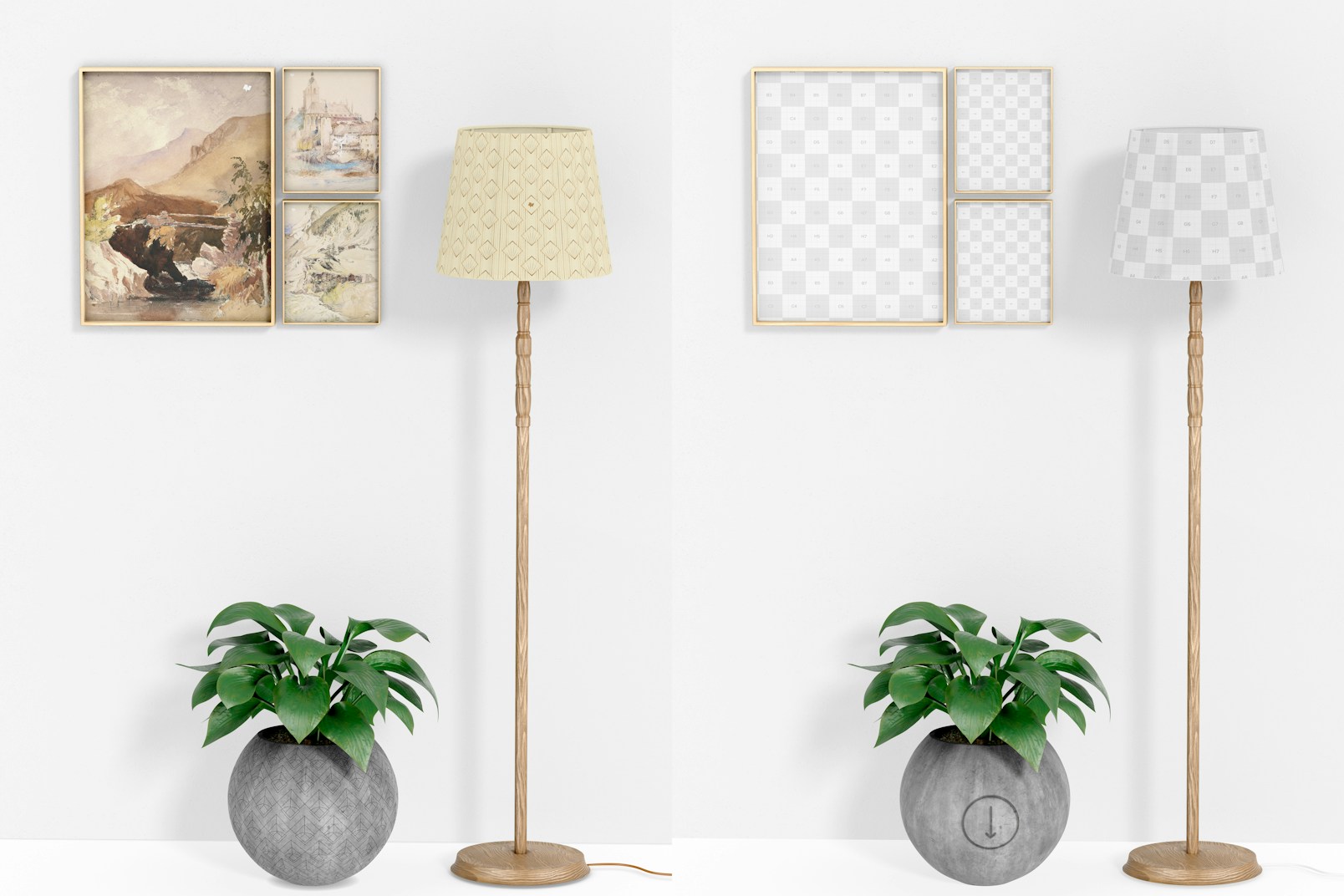 Frame Set with Floor Lamp and Planter Mockup