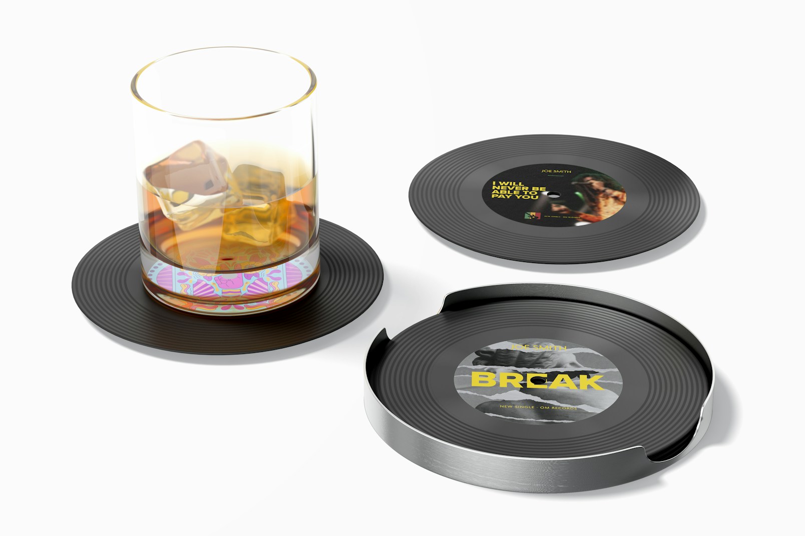 Vinyl Record Coasters Mockup, with Glass