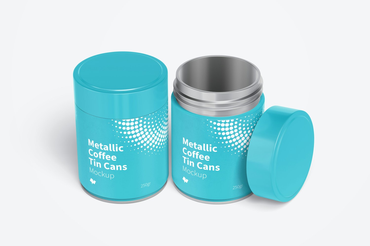 Metallic Coffee Tin Cans with Plastic Lids Mockup, Opened and Closed