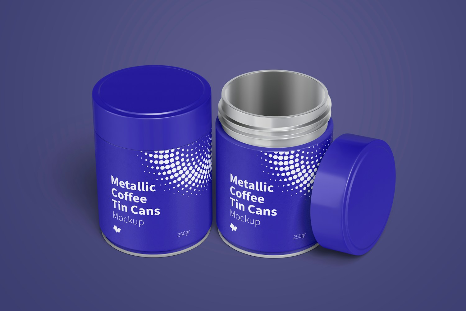 Metallic Coffee Tin Cans with Plastic Lids Mockup, Opened and Closed