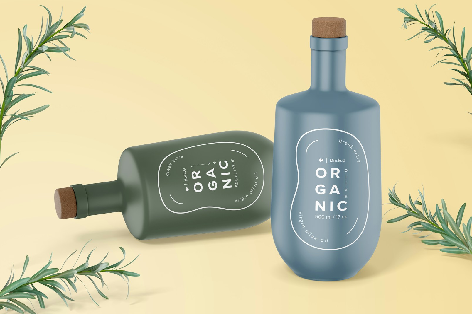 Square Olive Oil Bottles Mockup, Standing and Dropped