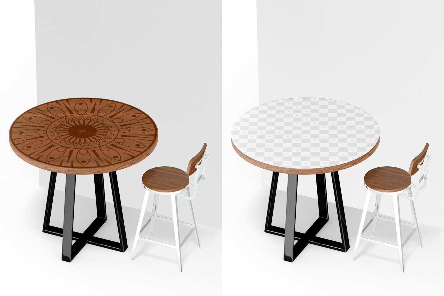 Wooden Round Table Mockup, with Chair