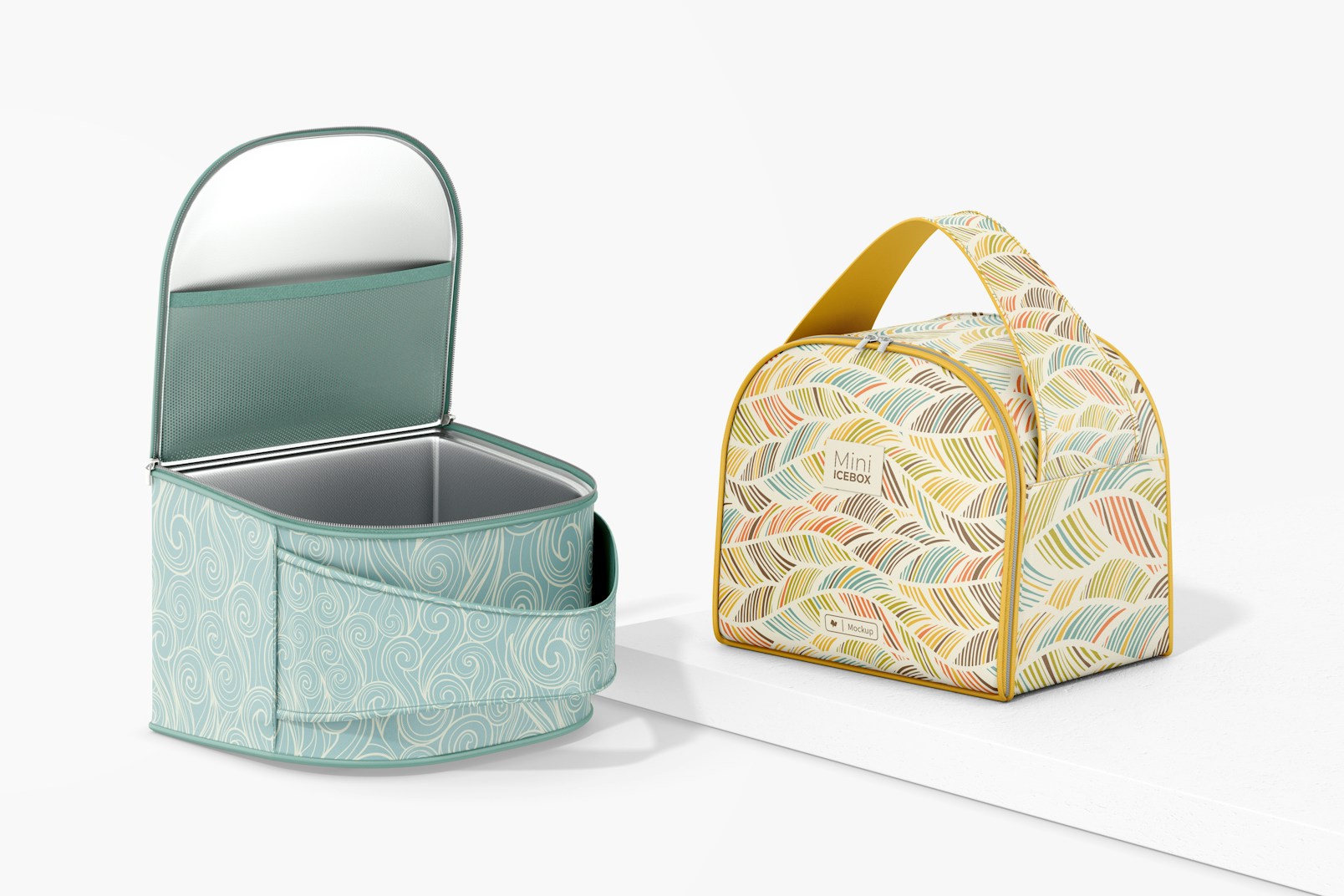 Lunch Cooler Bags Mockup, Standing and Dropped
