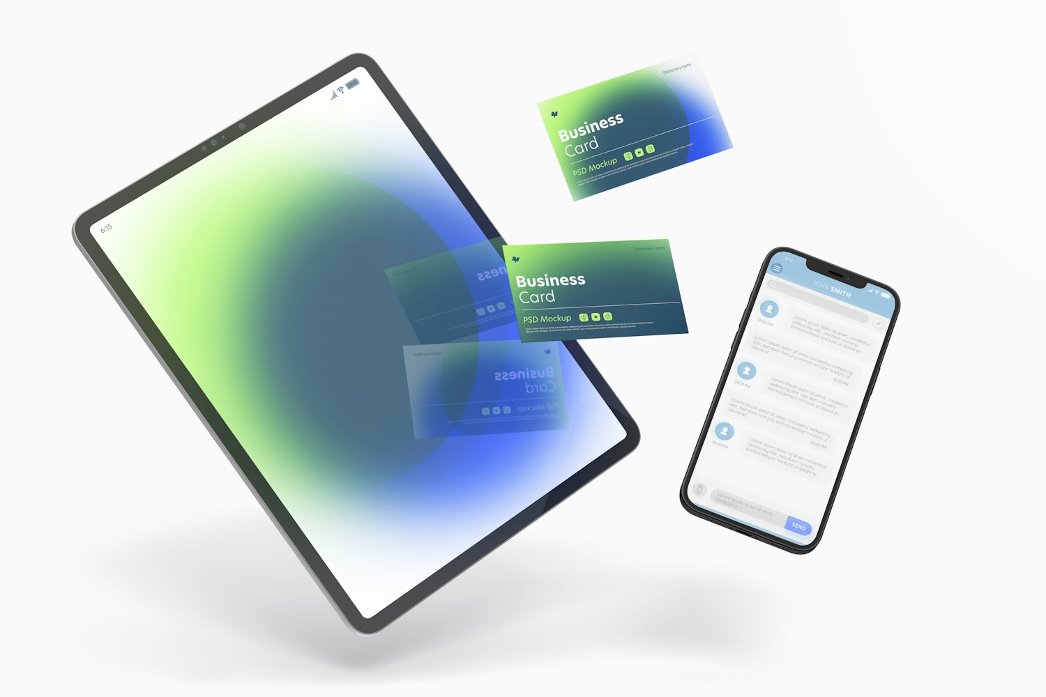 Business Card with Devices Mockup 02, Floating