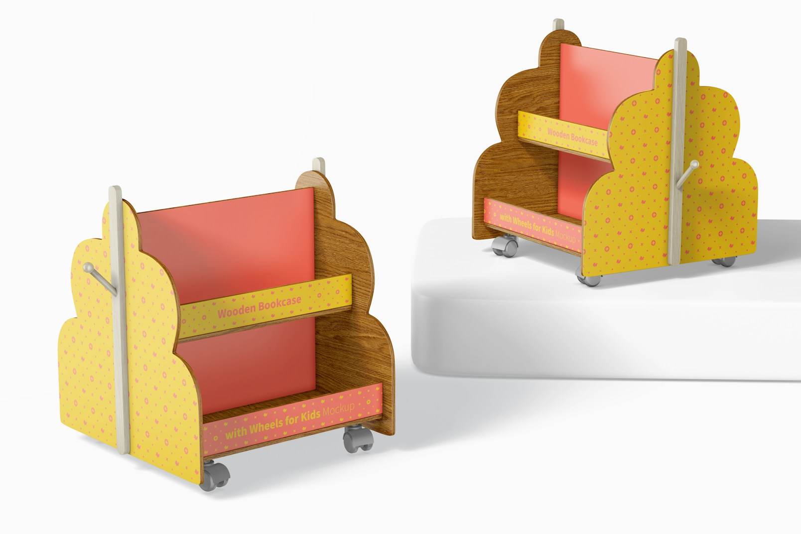 Wooden Bookcases with Wheels for Kids Mockup, Perspective