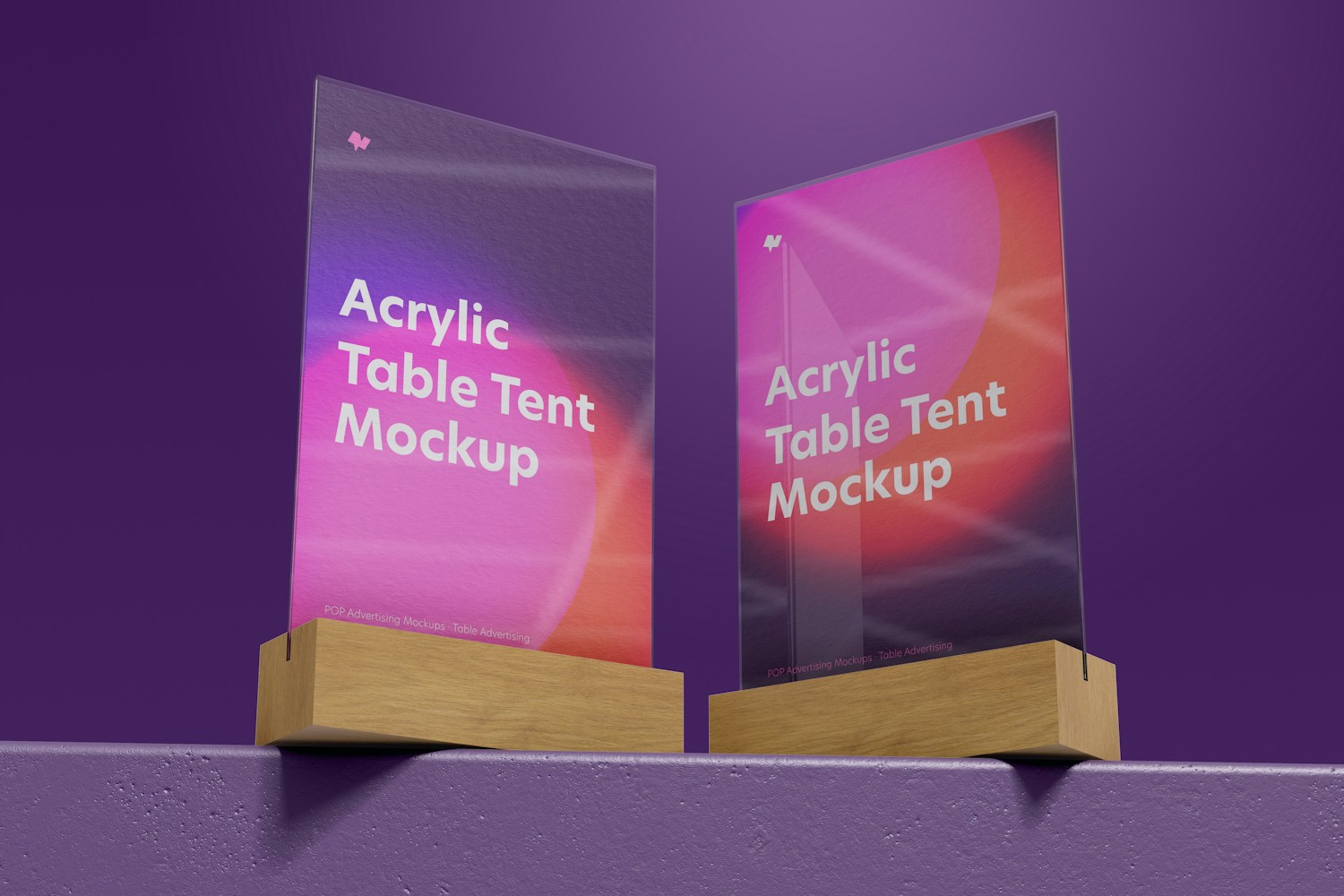 Acrylic Table Tents with Wood Base Mockup, Low Angle View