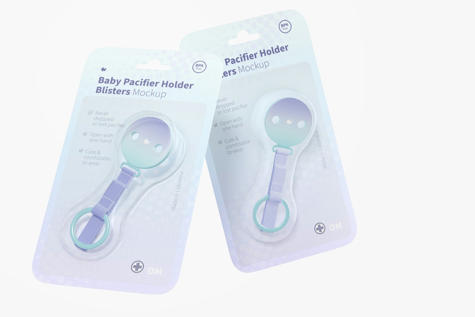Baby Pacifier Holder Blisters Mockup, Falling