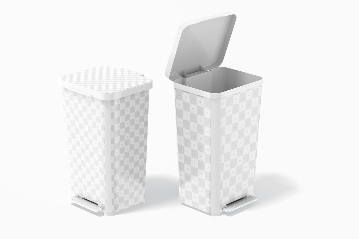 Cube Pedal Trash Cans Mockup, Opened and Closed