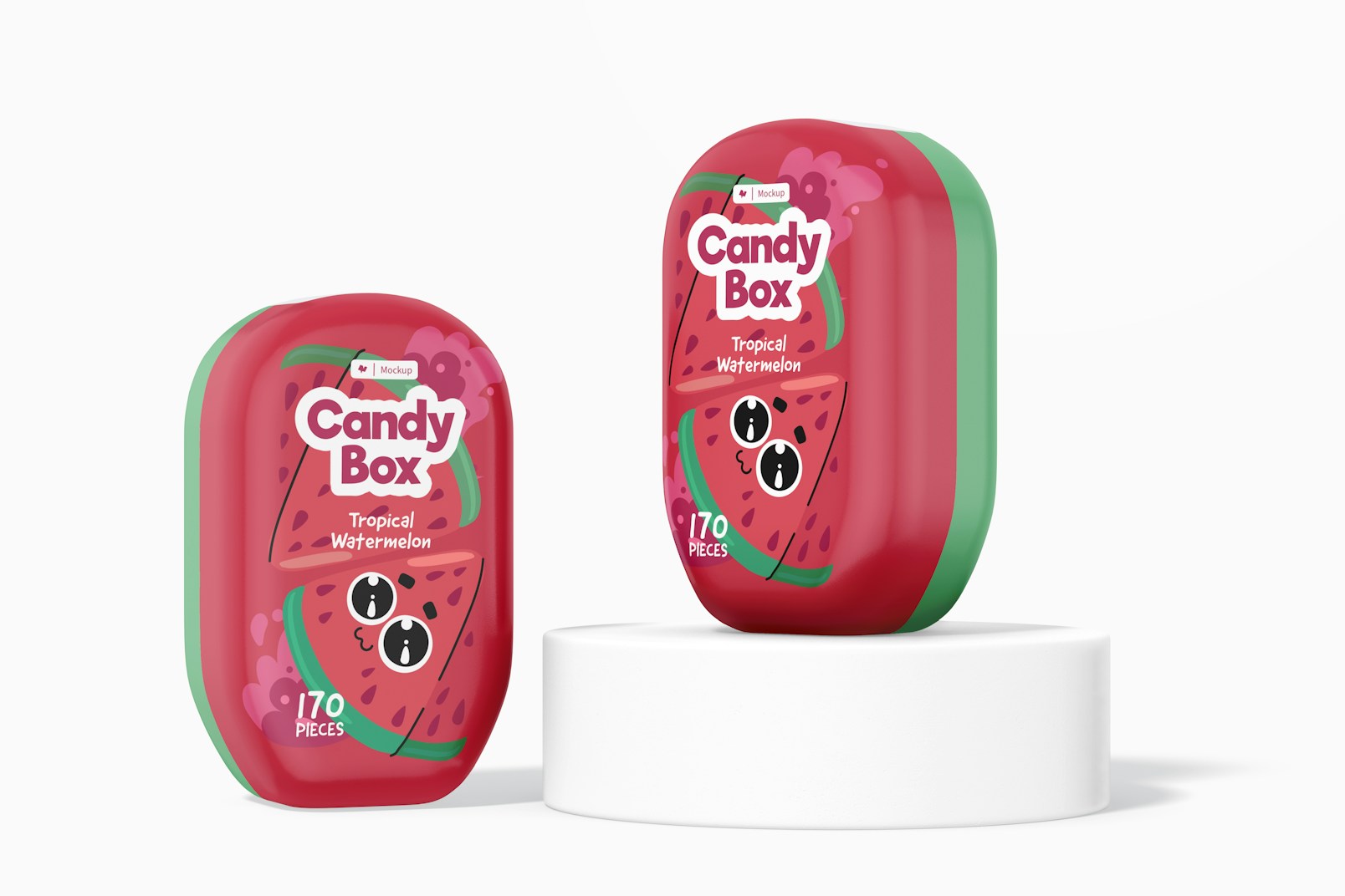 Oval Candy Plastic Boxes Mockup, Perspective