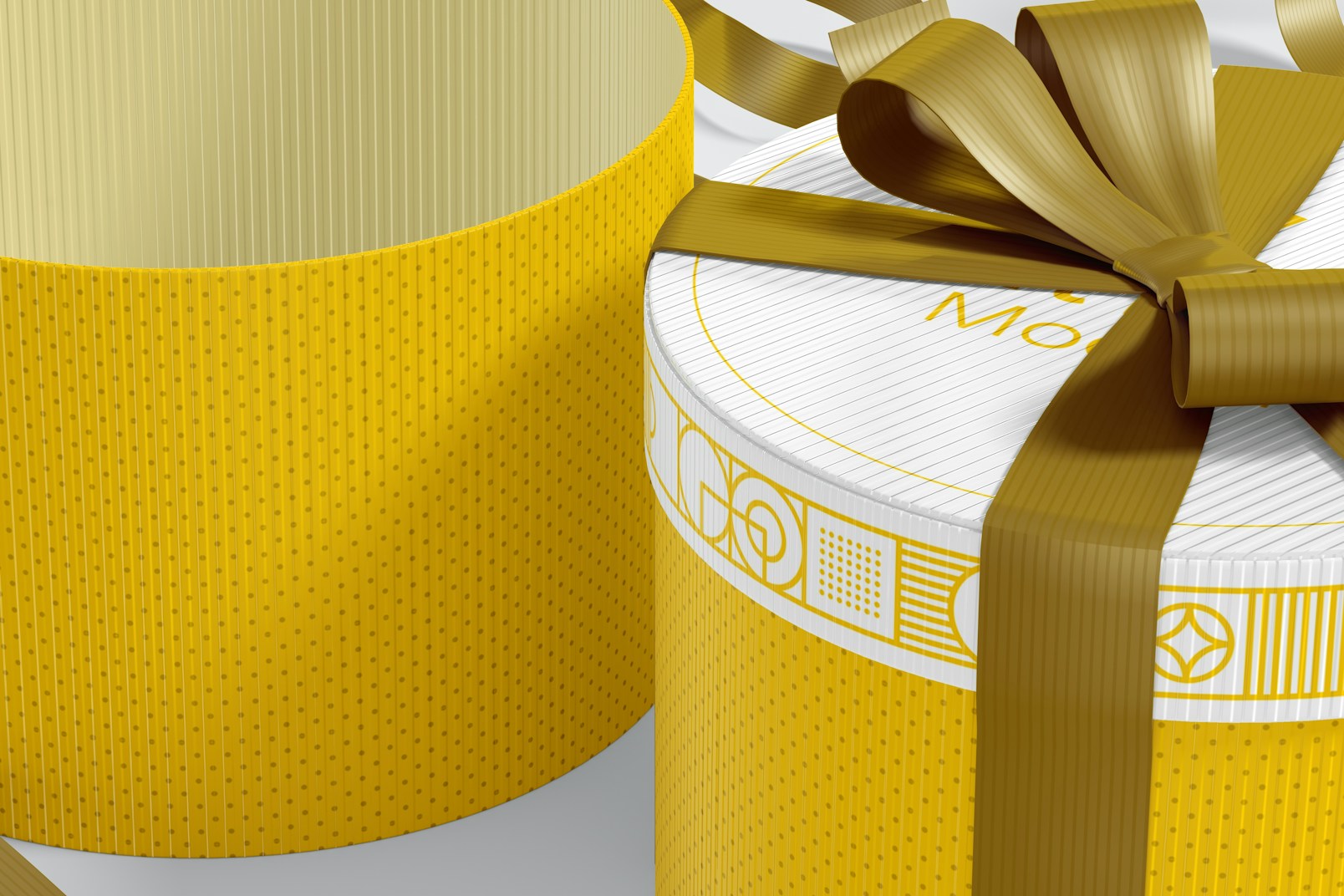 Round Gift Boxes with Ribbon Mockup, Close-Up