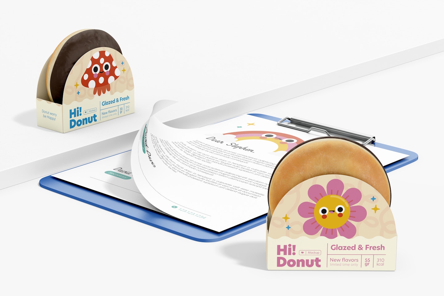 Donut Box with Stationery Mockup, Perspective