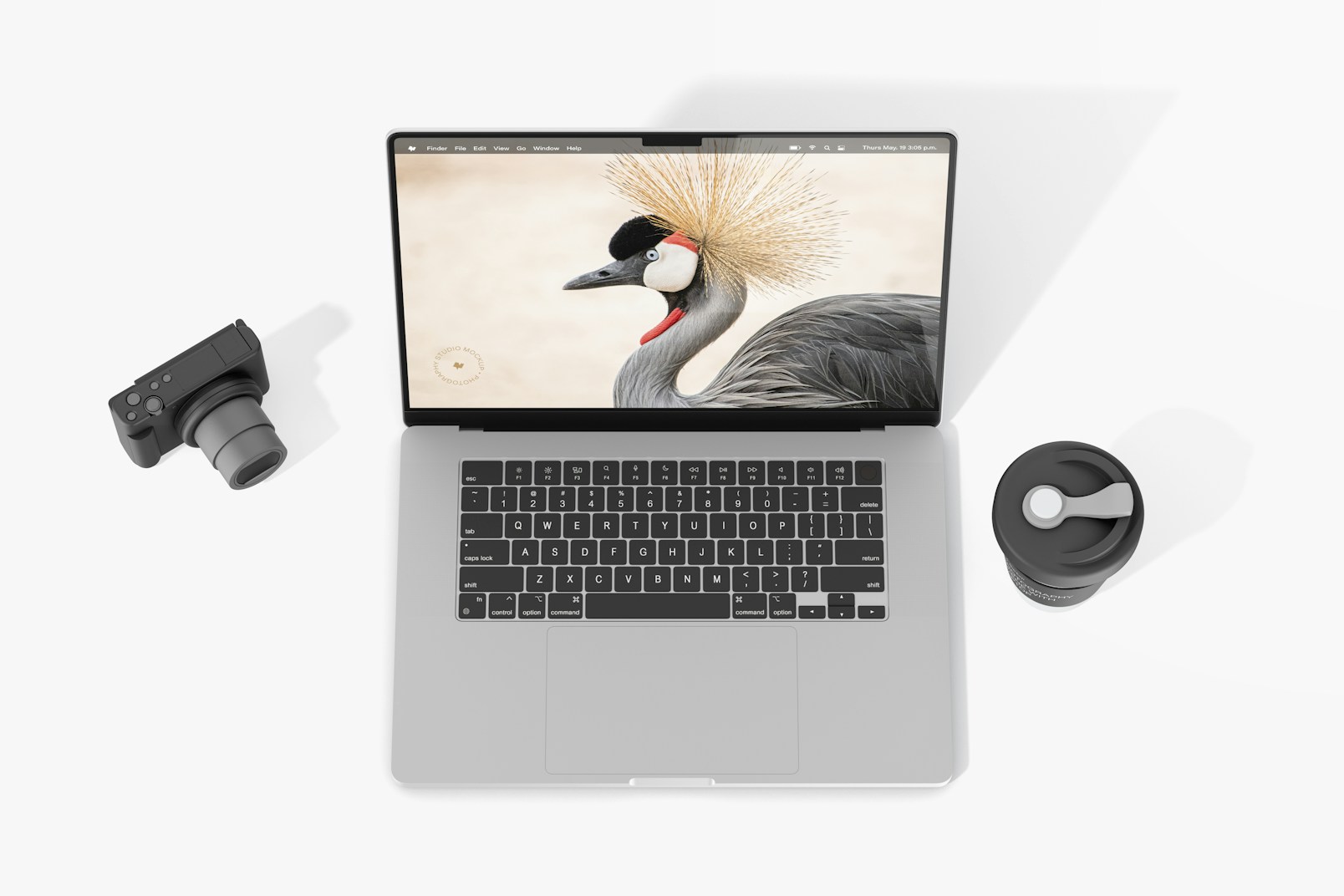 Photography Scene with Laptop Mockup, High Angle View